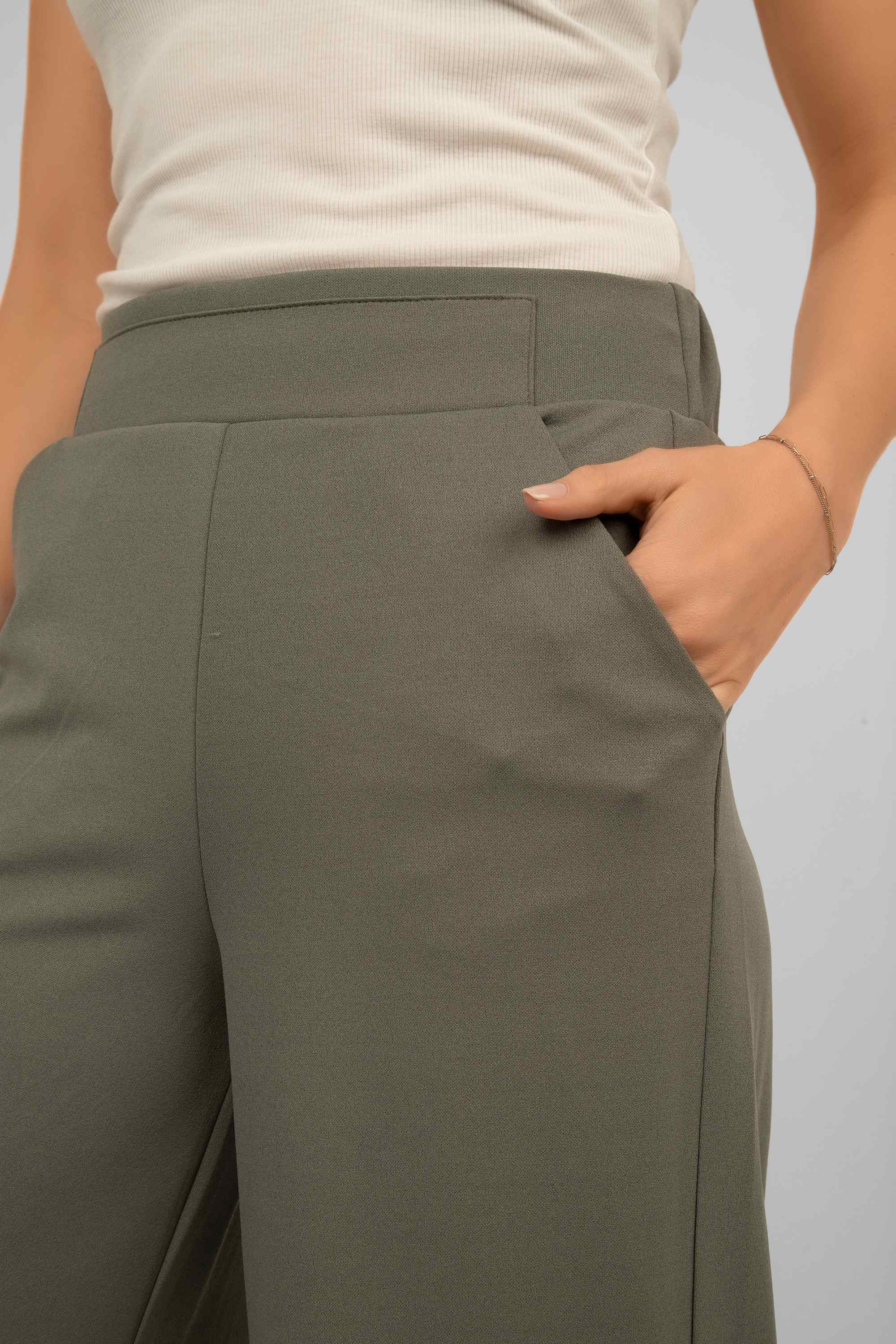 Side pocket on Soya Concept (25330) Women's Pull On Wide Leg Cropped Pants in Misty Green