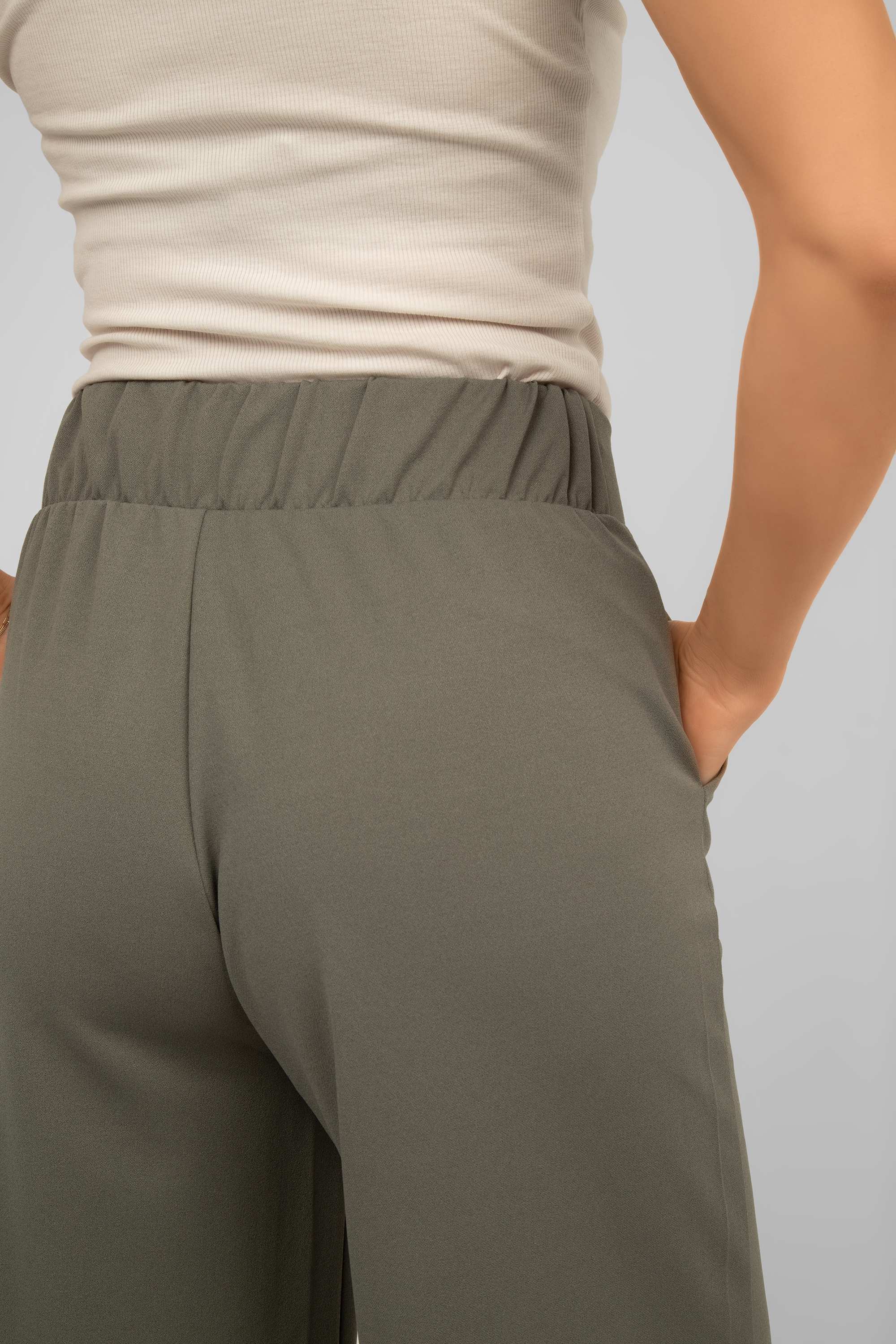 Back close up of waistband on Soya Concept (25330) Women's Pull On Wide Leg Cropped Pants in Misty Green