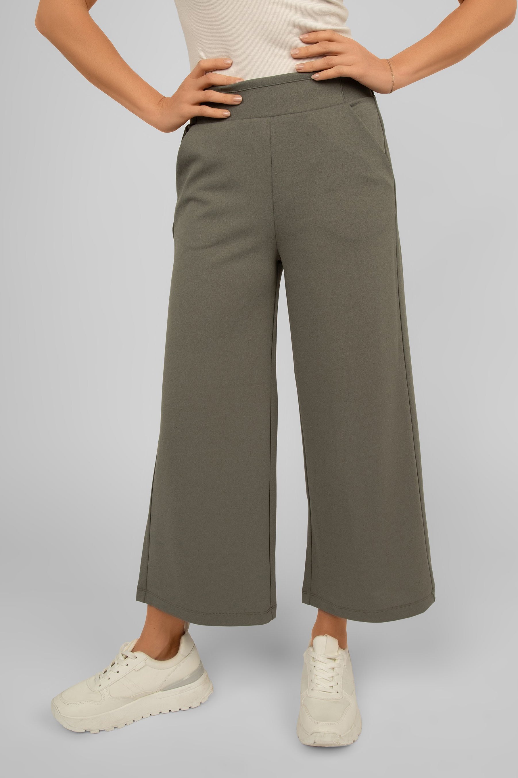 Front view of Soya Concept (25330) Women's Pull On Wide Leg Cropped Pants in Misty Green