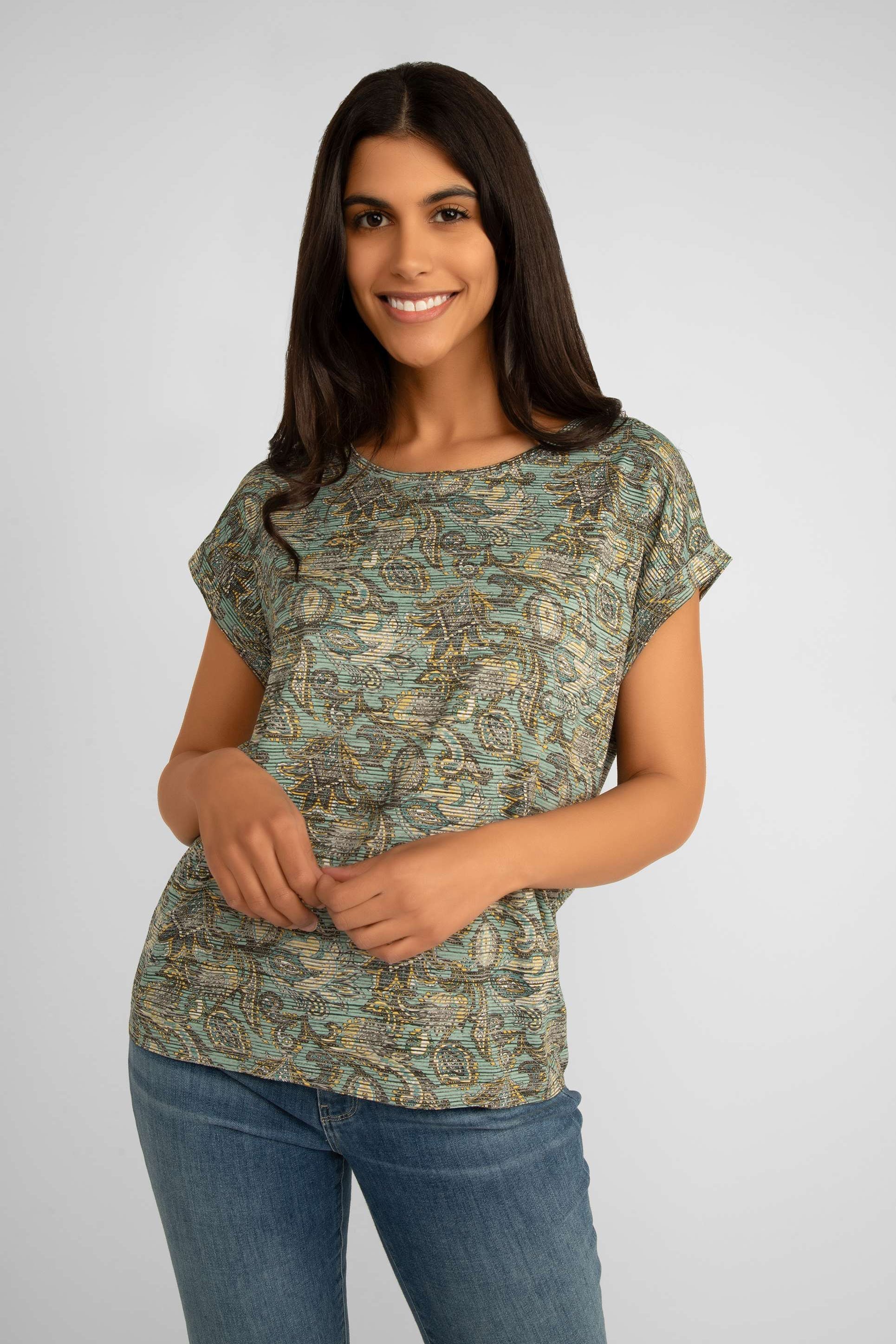 Front view of Soya Concept (26511) Women's Short Cap Sleeve Aqua Paisley Tee