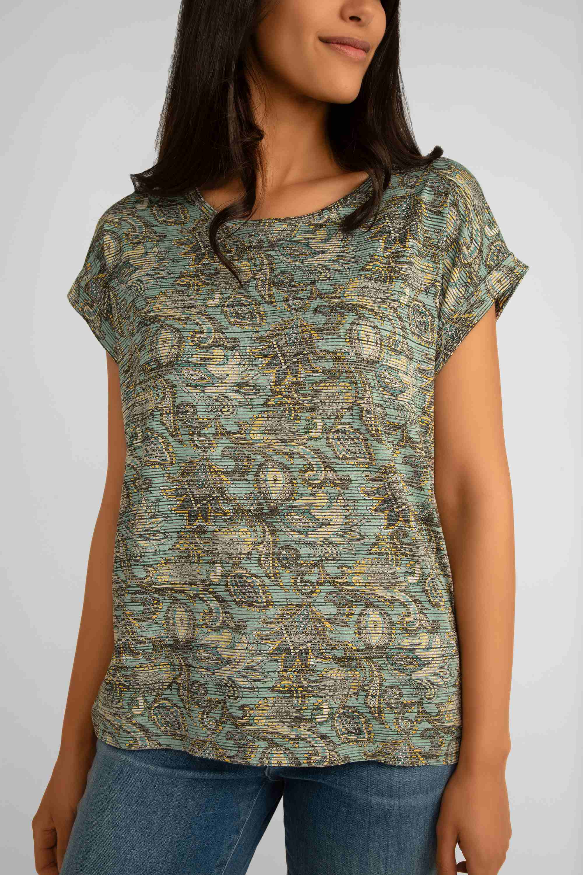 Close up front view of Soya Concept (26511) Women's Short Cap Sleeve Aqua Paisley Tee