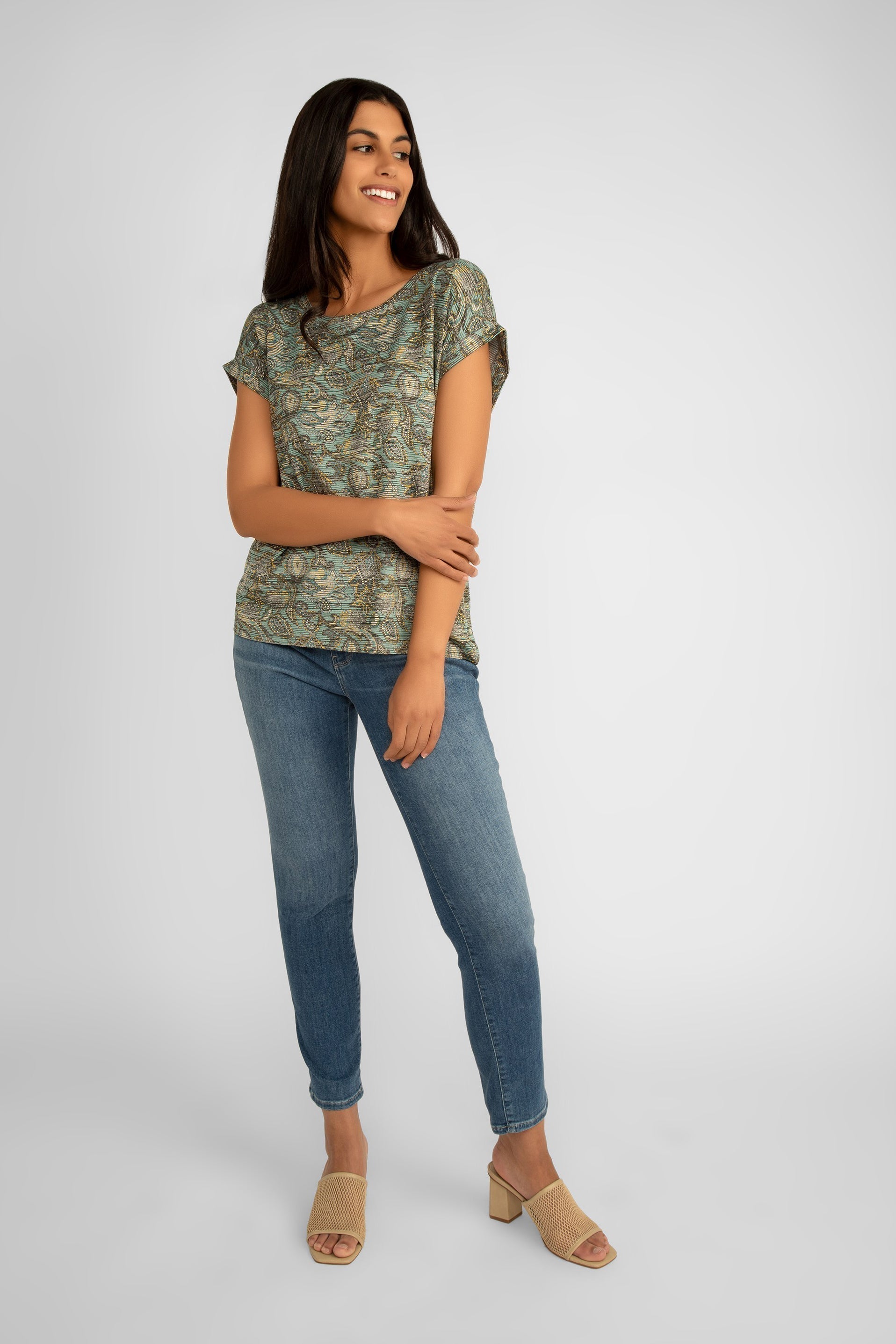 Front view of Soya Concept (26511) Women's Short Cap Sleeve Aqua Paisley Tee