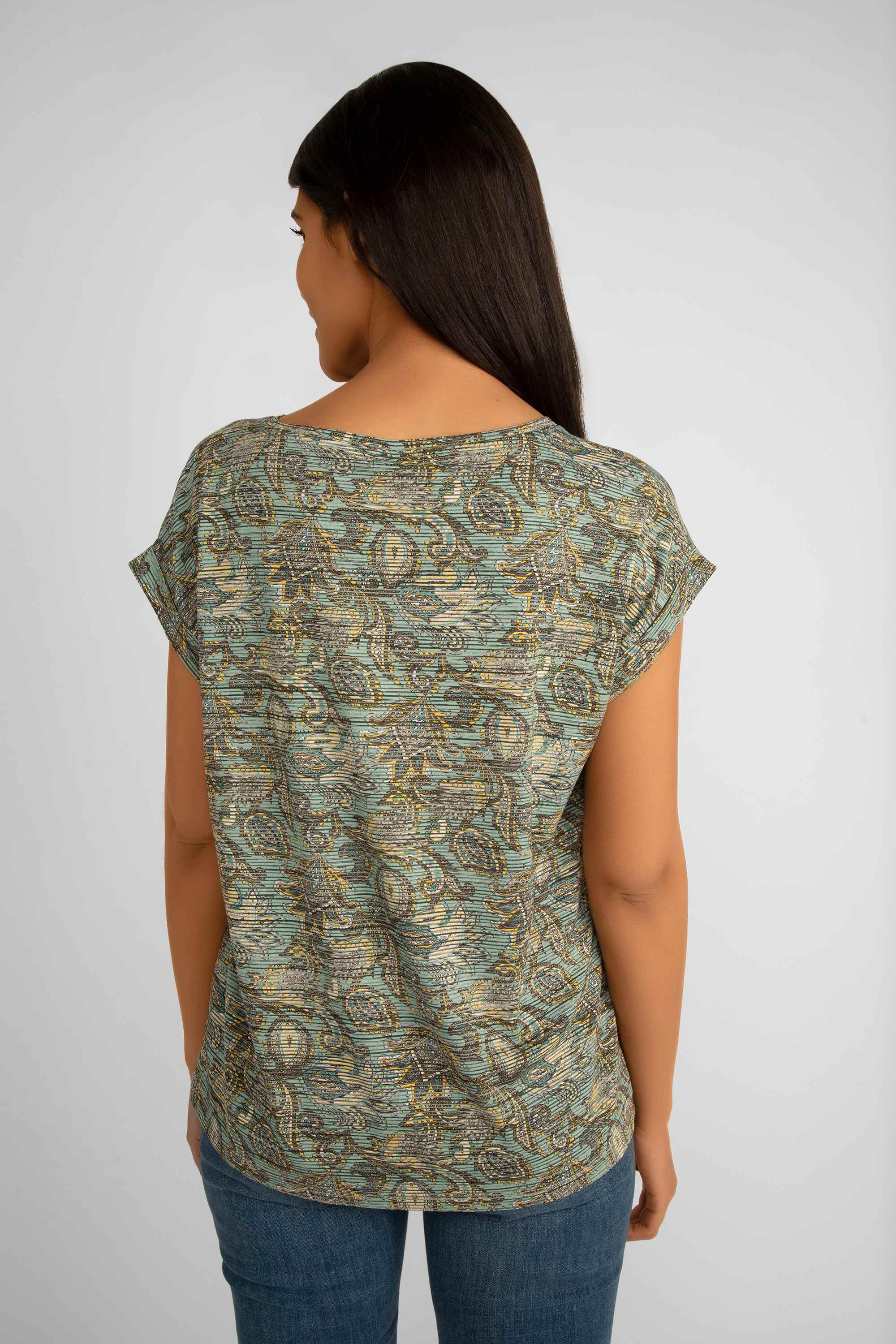 Back view of Soya Concept (26511) Women's Short Cap Sleeve Aqua Paisley Tee