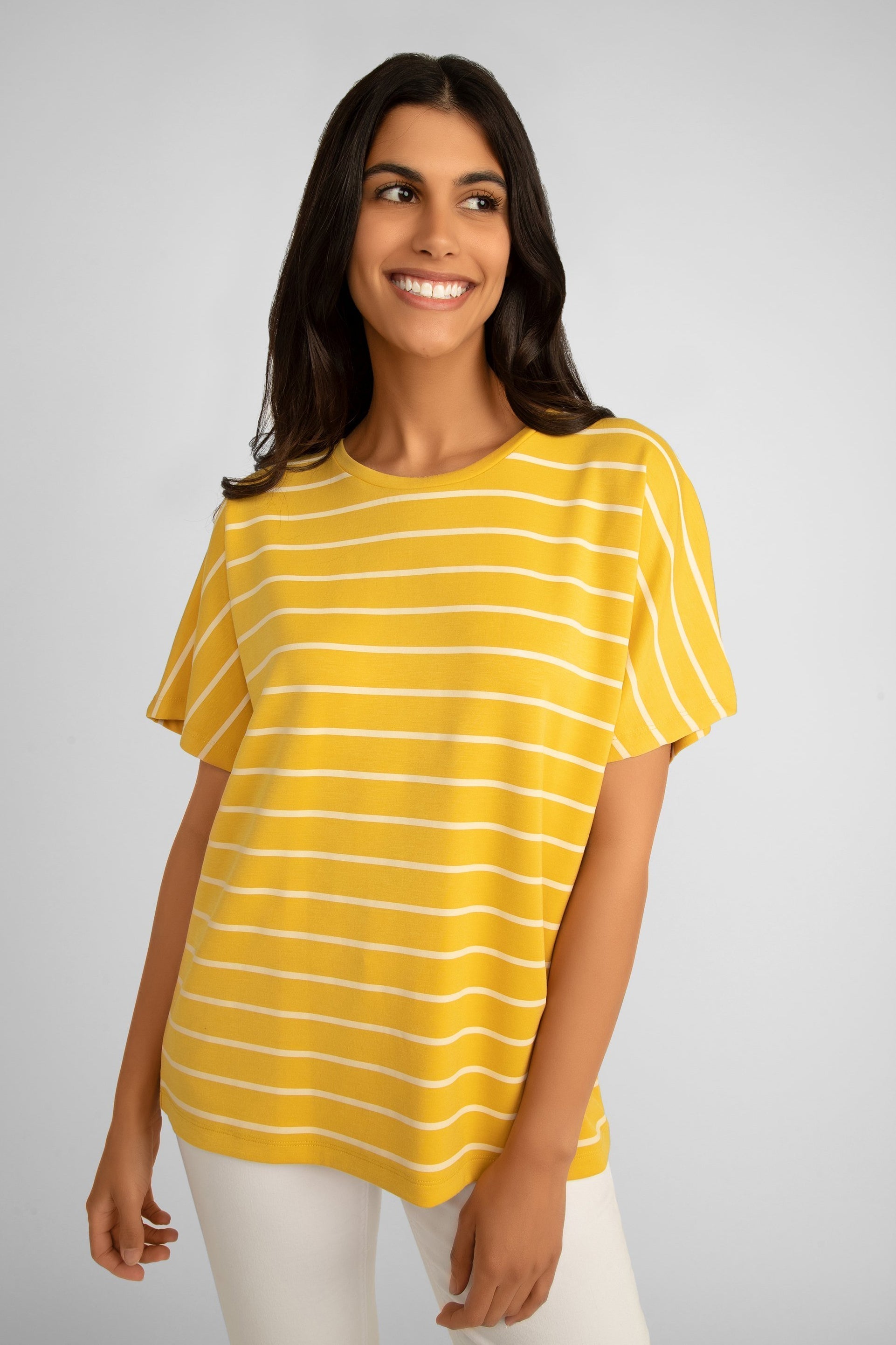 Soya Concept (26540) Women's Short Raglan Sleeve Stripes T-Shirt in Yellow with White Stripes