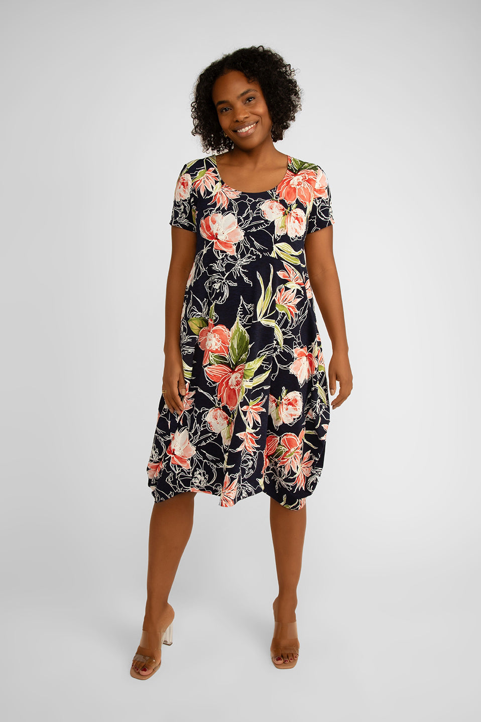 Compli K (33508) Women's Short Sleeve Cocoon Dress in Navy with pink floral print with puffy white floral illustrations