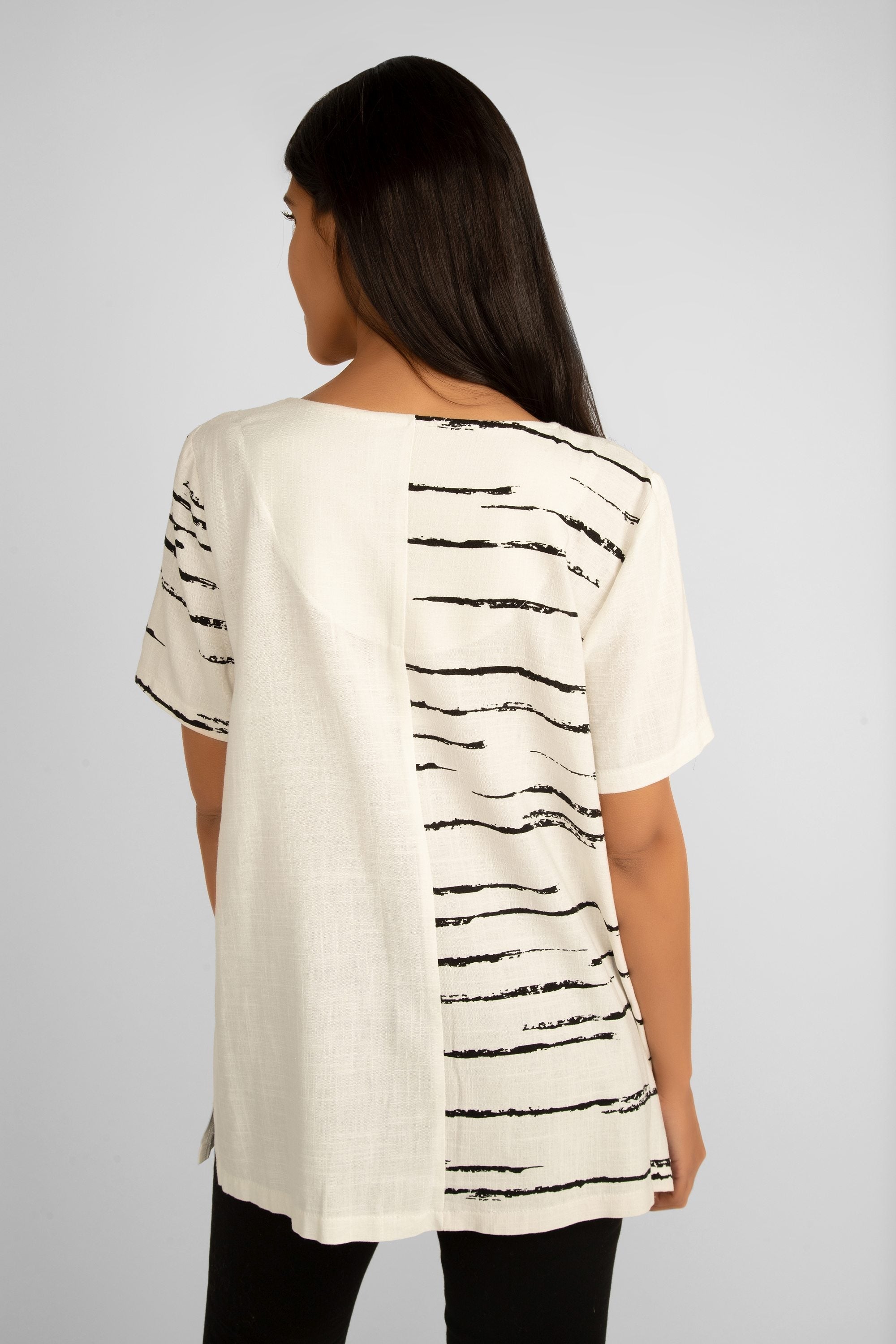 Compli K (33516) Women's Short Sleeve Top With Button V-Neck in White With Black Weathered Lines Print