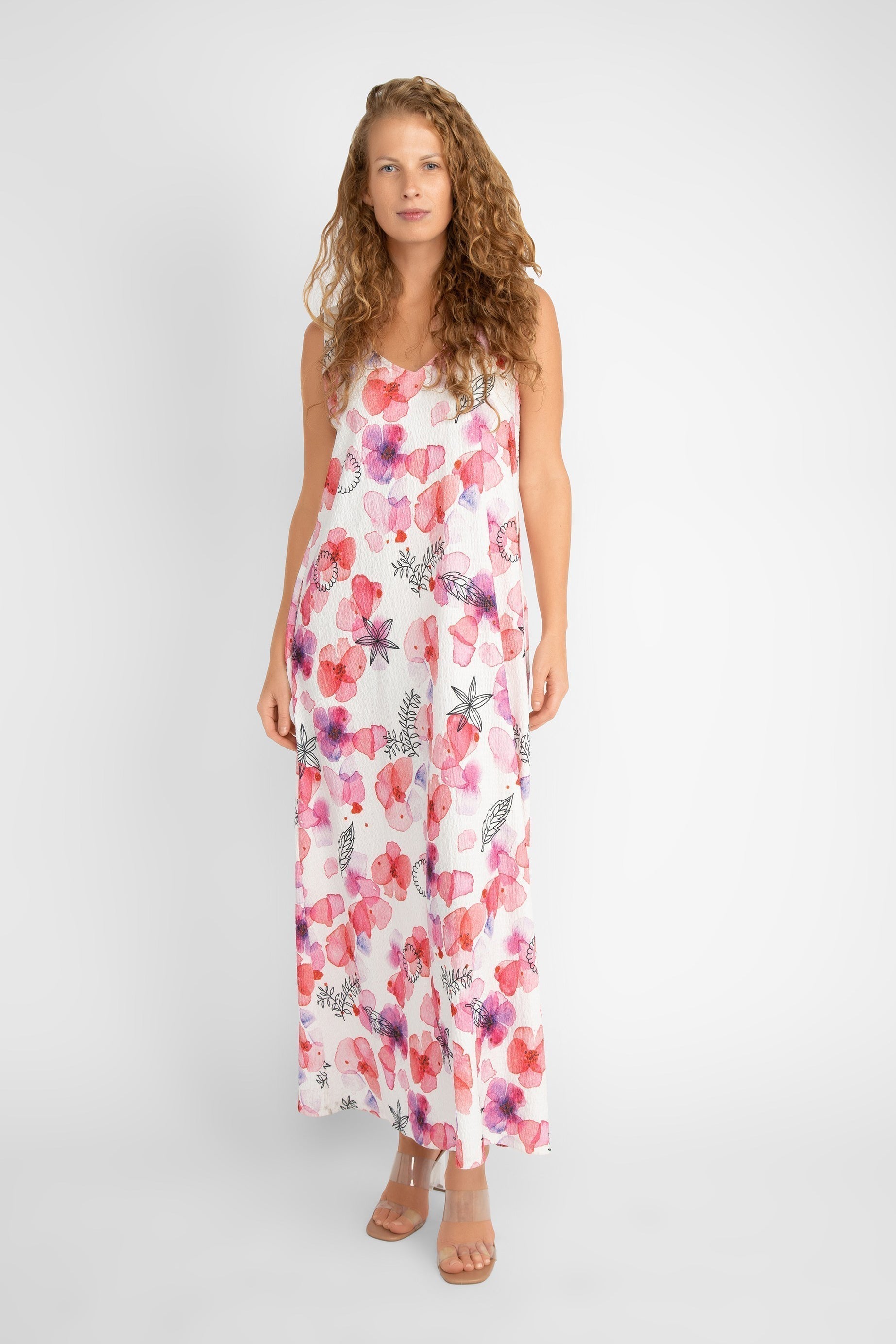 White With Pink Florals Maxi Dress