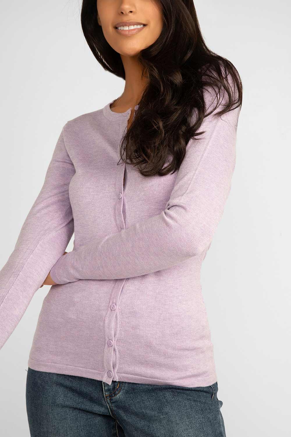 Front view of Soya Concept (39005) Women's Long Sleeve Lightweight Fitted Button Up Cardigan in Lilac Purple