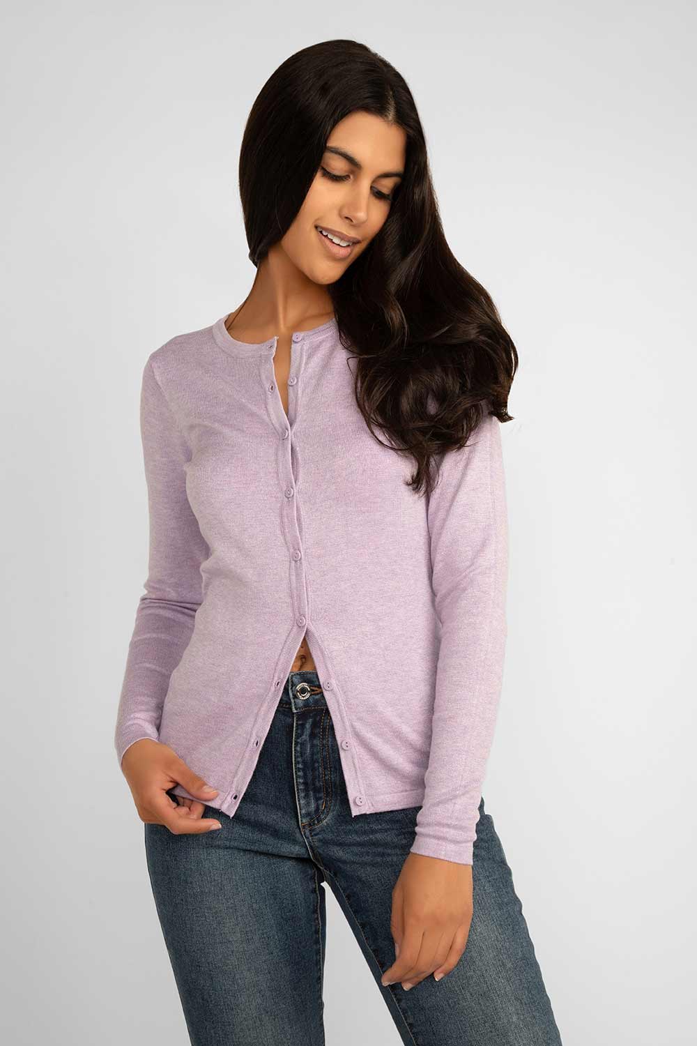 Front view of Soya Concept (39005) Women's Long Sleeve Fitted Button Up Cardigan in Lilac Purple