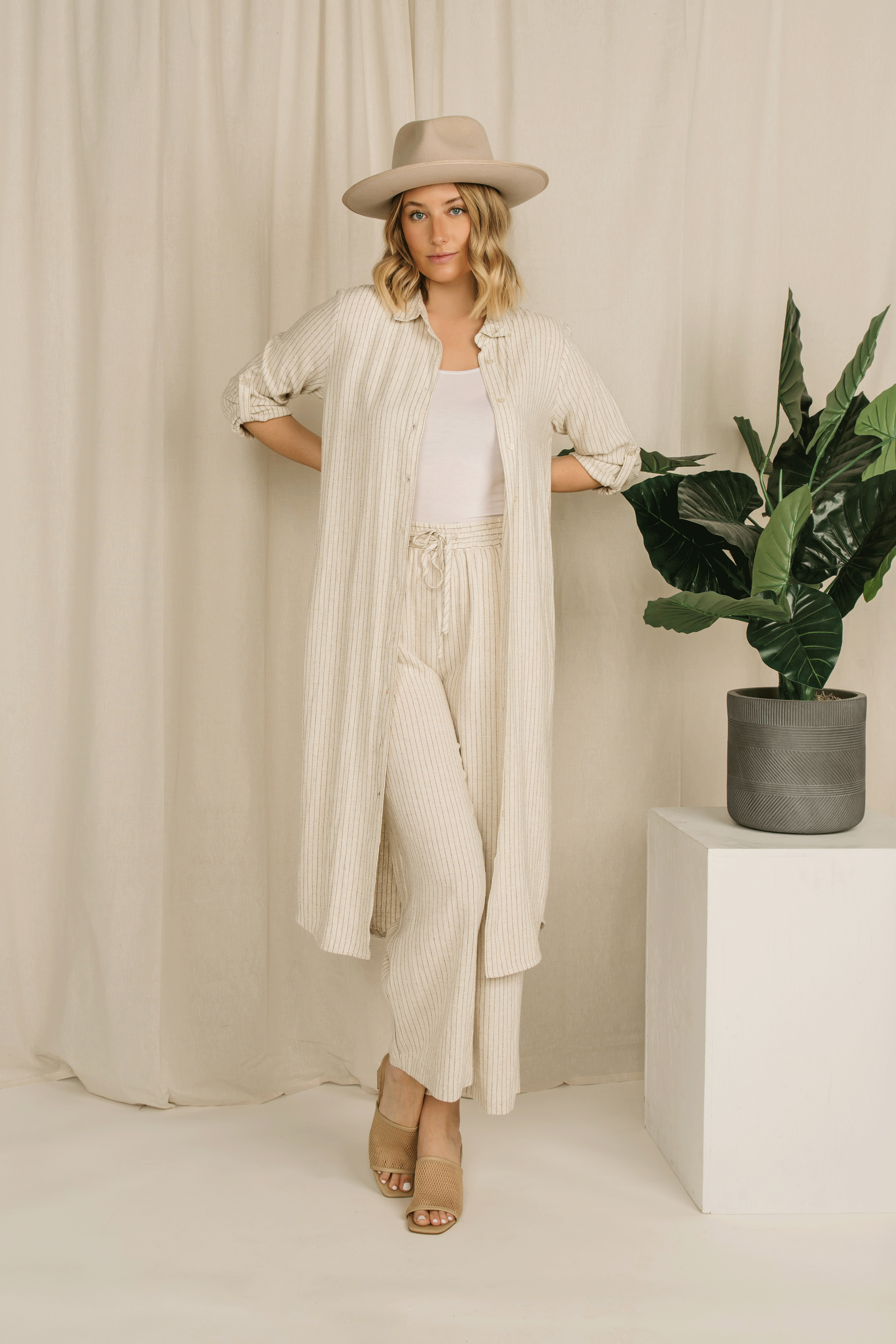 Pinstripe Viscose & Linen Midi Shirt Dress