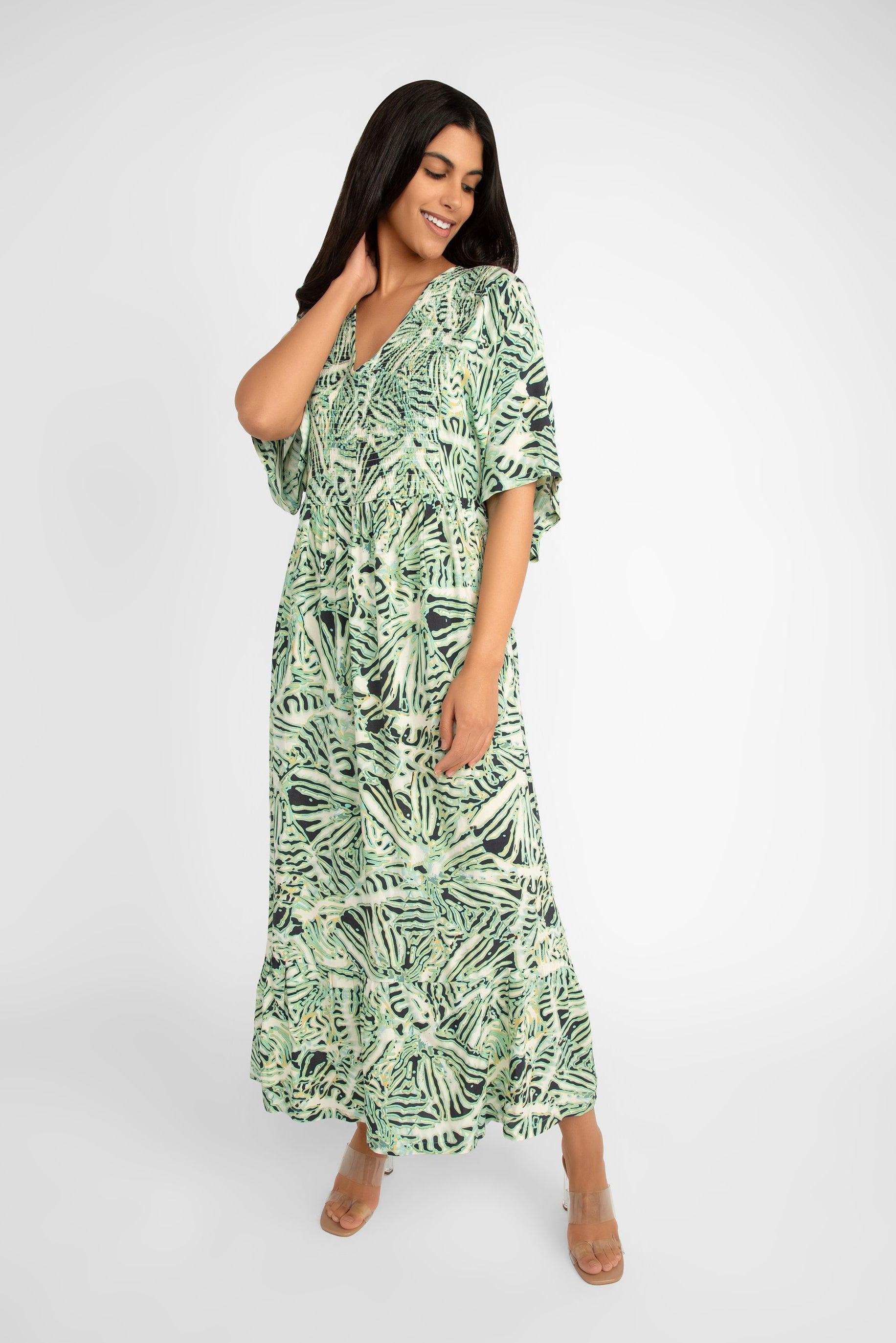 Soya Concept (40629) Women's Short Sleeve Aqua Foliage Printed Maxi Dress with V-neck and smocked bodice