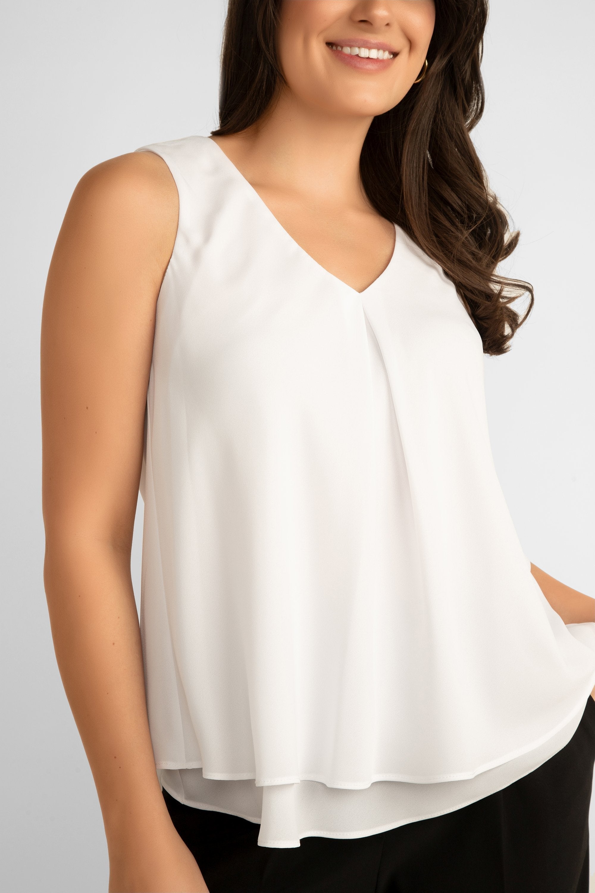 Front close up of Frank Lyman (61175) Women's Sleeveless Layered V-neck Tank Top in White