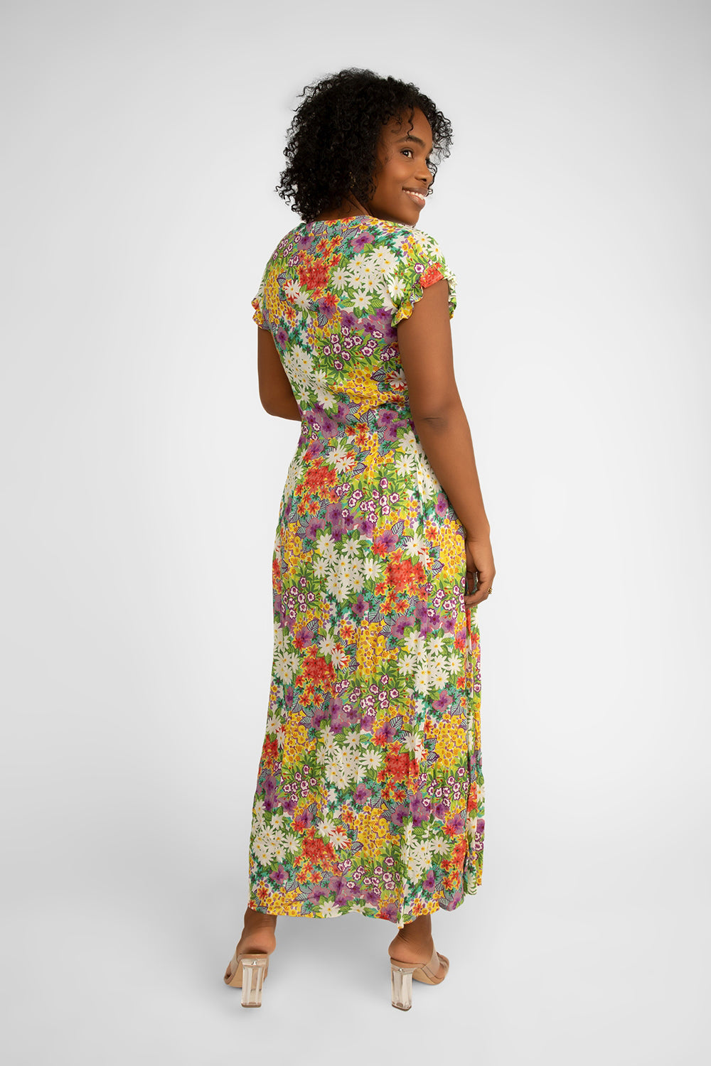 Back view of Carre Noir (6853) Short Sleeve Multi-Colour Floral Printed Maxi Shirt Dress