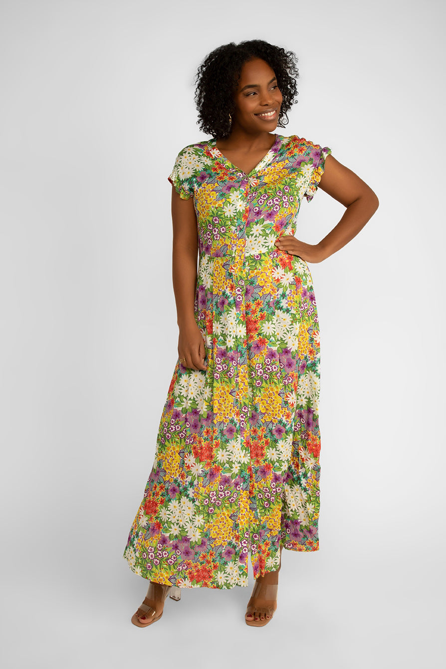 Carre Noir (6853) Short Sleeve Multi-Colour Floral Printed Maxi Shirt Dress