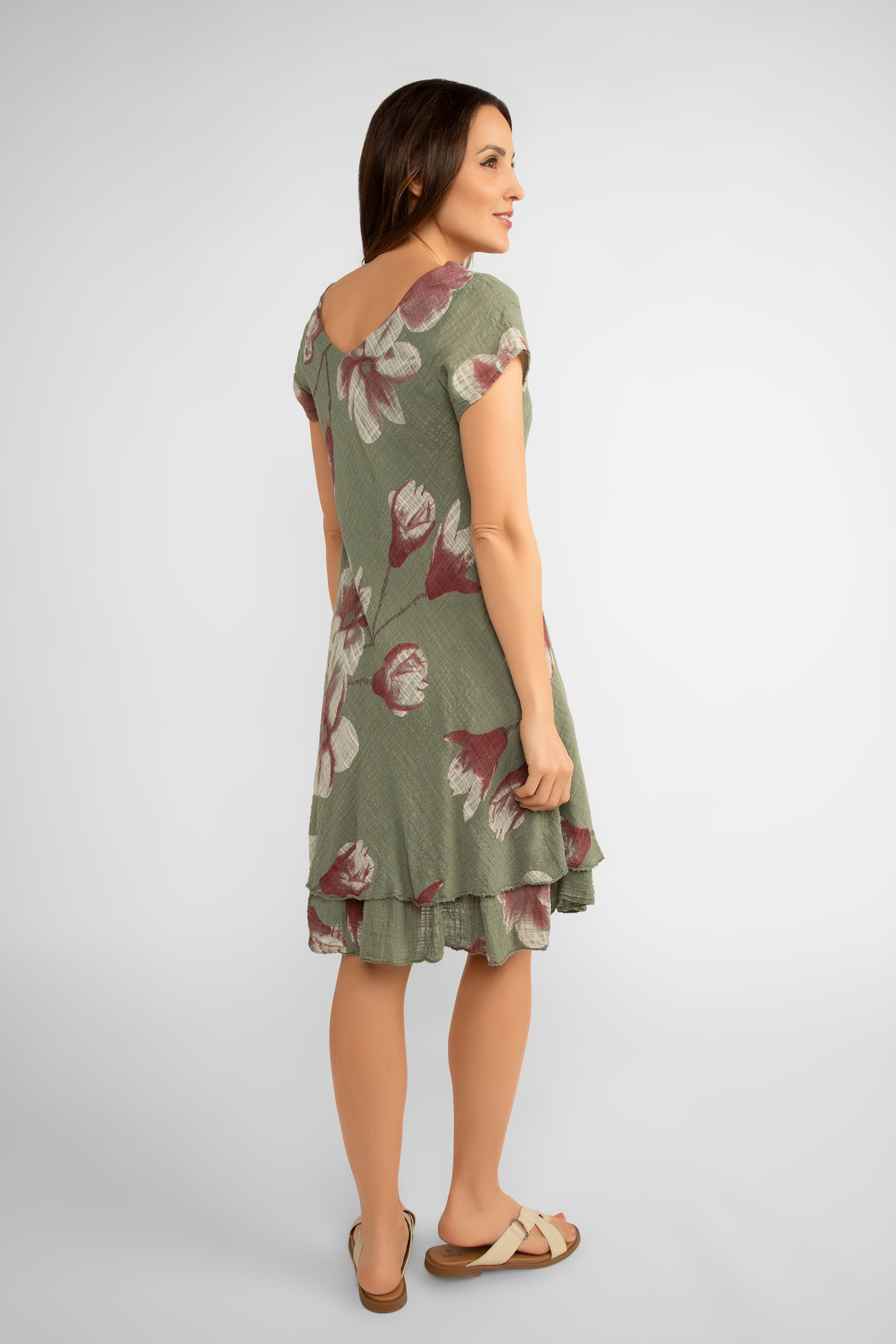 Back view of Bella Amore (6859A) Women's Short Sleeve V-Neck Knee Length Cotton Dress with Tiered Skirt in Military Green and Pink Florals