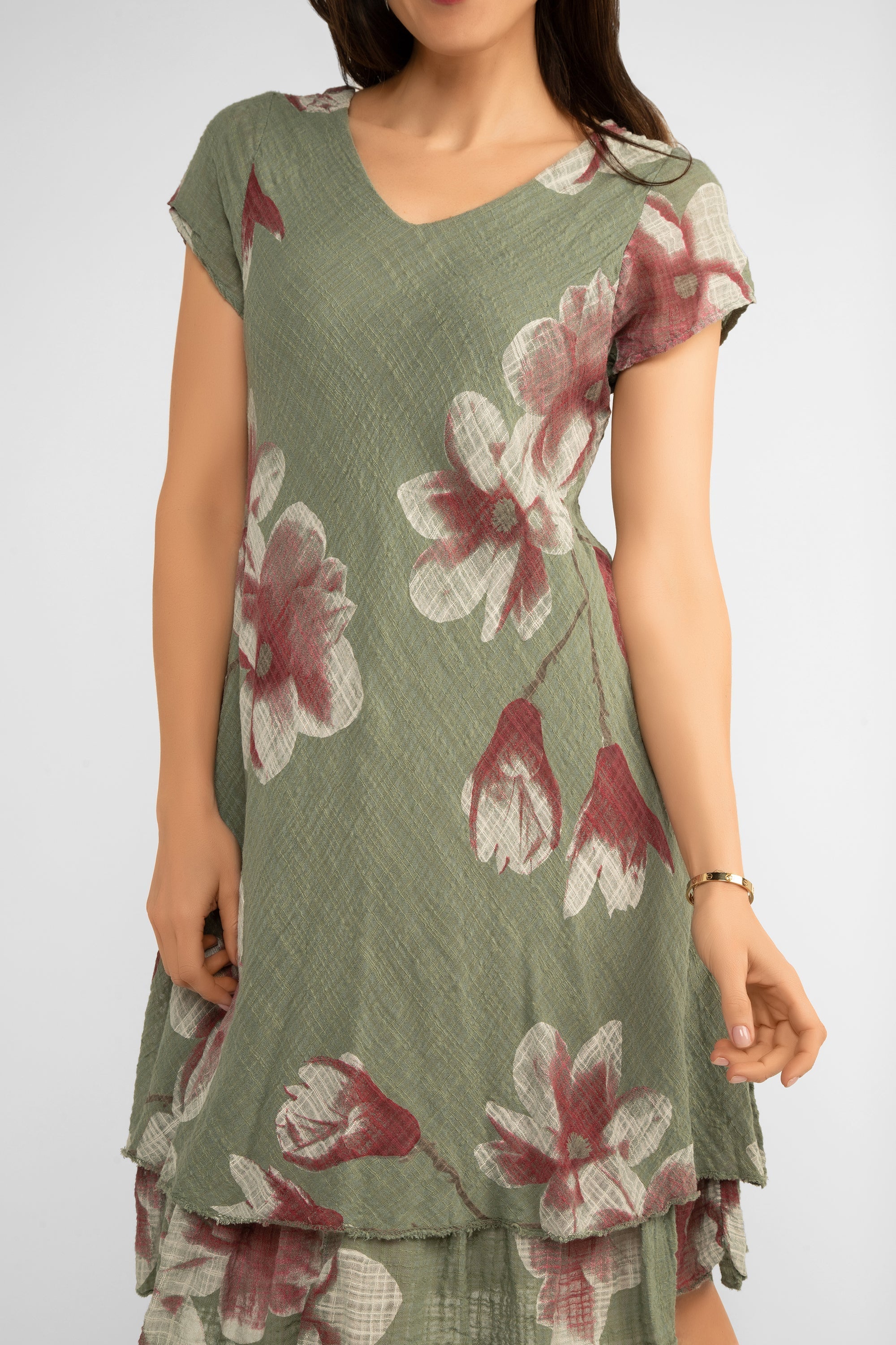 Front close up of Bella Amore (6859A) Women's Short Sleeve V-Neck Knee Length Cotton Dress with Tiered Skirt in Military Green and Pink Florals