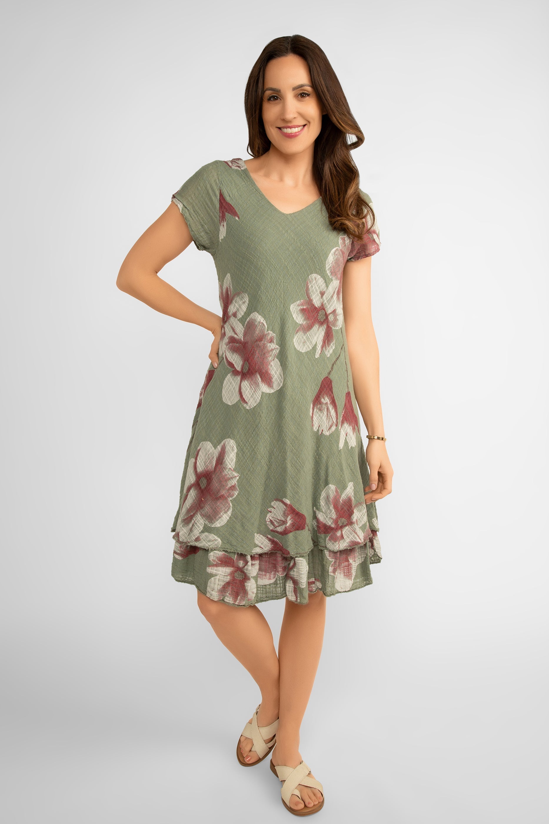 Bella Amore (6859A) Women's Short Sleeve V-Neck Knee Length Cotton Dress with Tiered Skirt in Military Green and Pink Florals