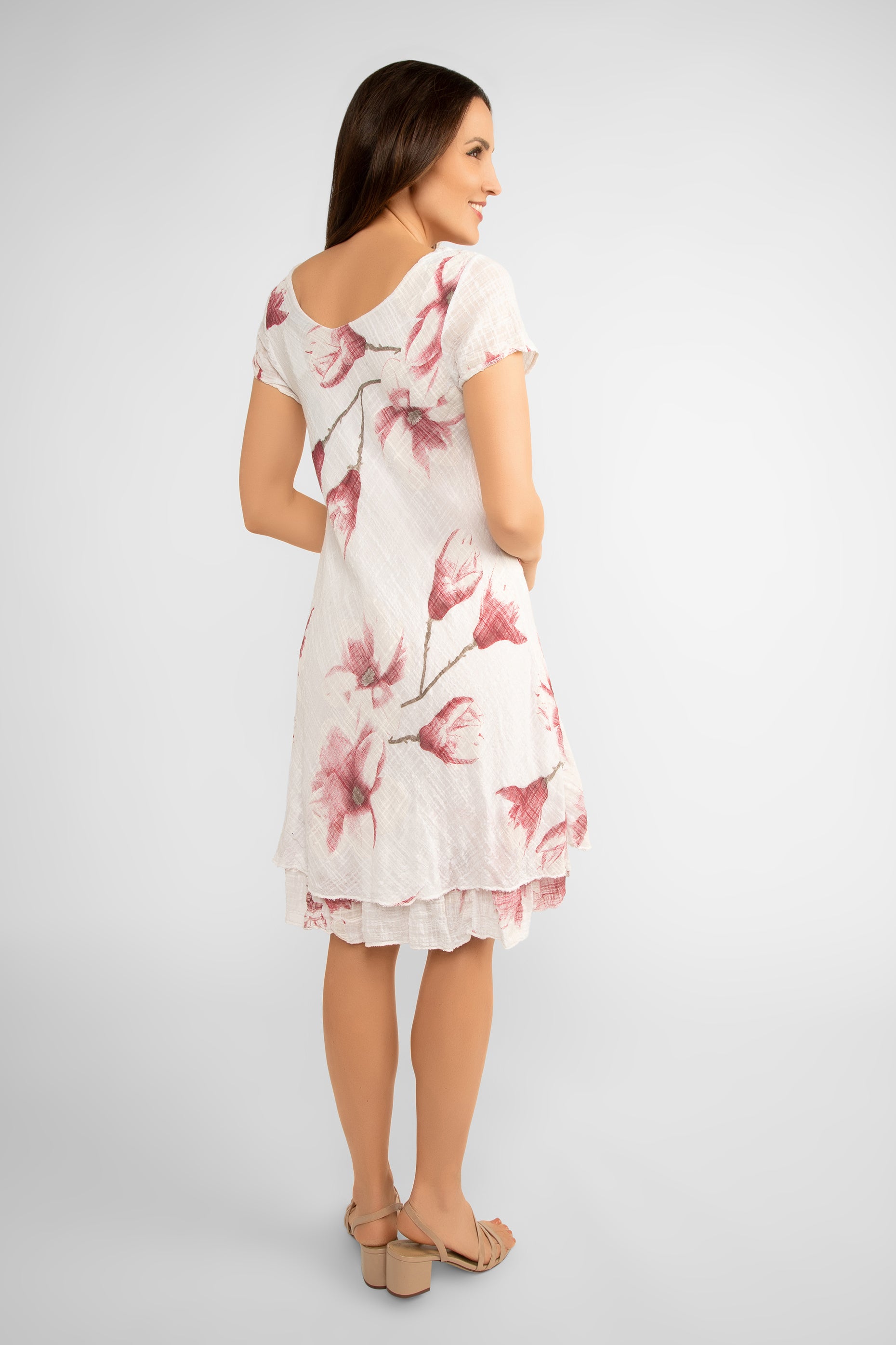 Back view of Bella Amore (6859A) Women's Short Sleeve V-Neck Knee Length Cotton Dress with Tiered Skirt in White and Pink Florals