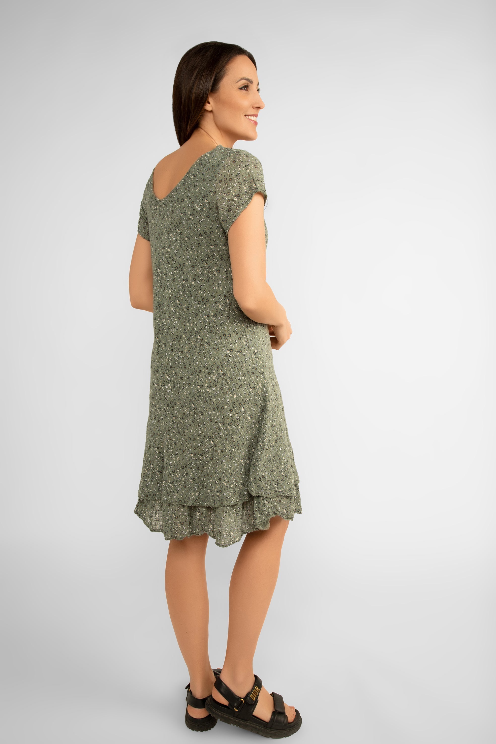 Back view of Bella Amore (6859B) Women's Short Sleeve V-Neck Knee Length Skirt in Military Green Ditsy Floral Print
