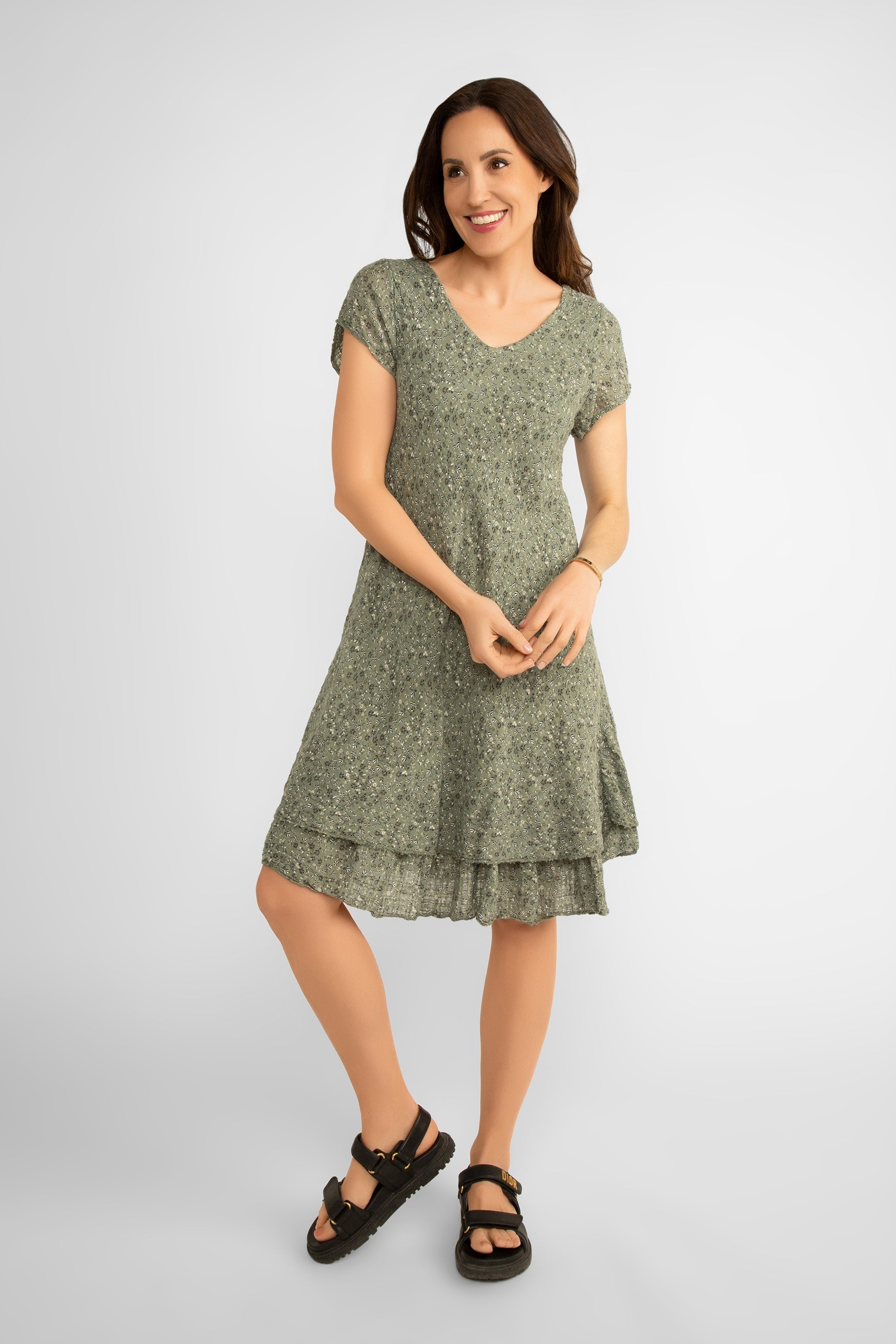 Front view of Bella Amore (6859B) Women's Short Sleeve V-Neck Knee Length Skirt in Military Green Ditsy Floral Print