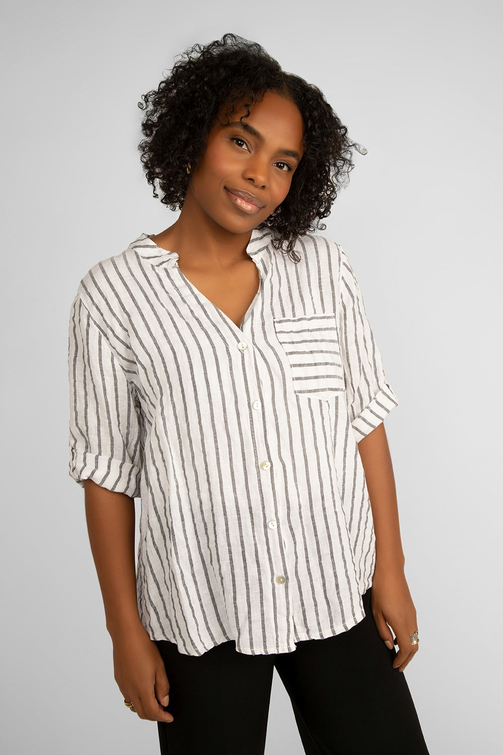 Short Sleeve Striped Linen Shirt