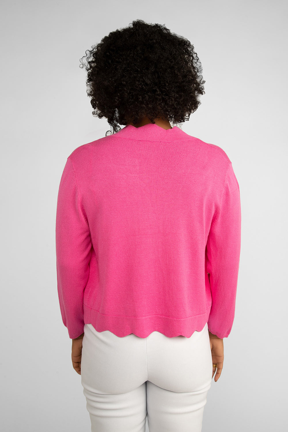 Back view of Carre Noir (6912) Women's Long Sleeve Lightweight Knit Open Front Cardigan with Scalloped Edges in Pink