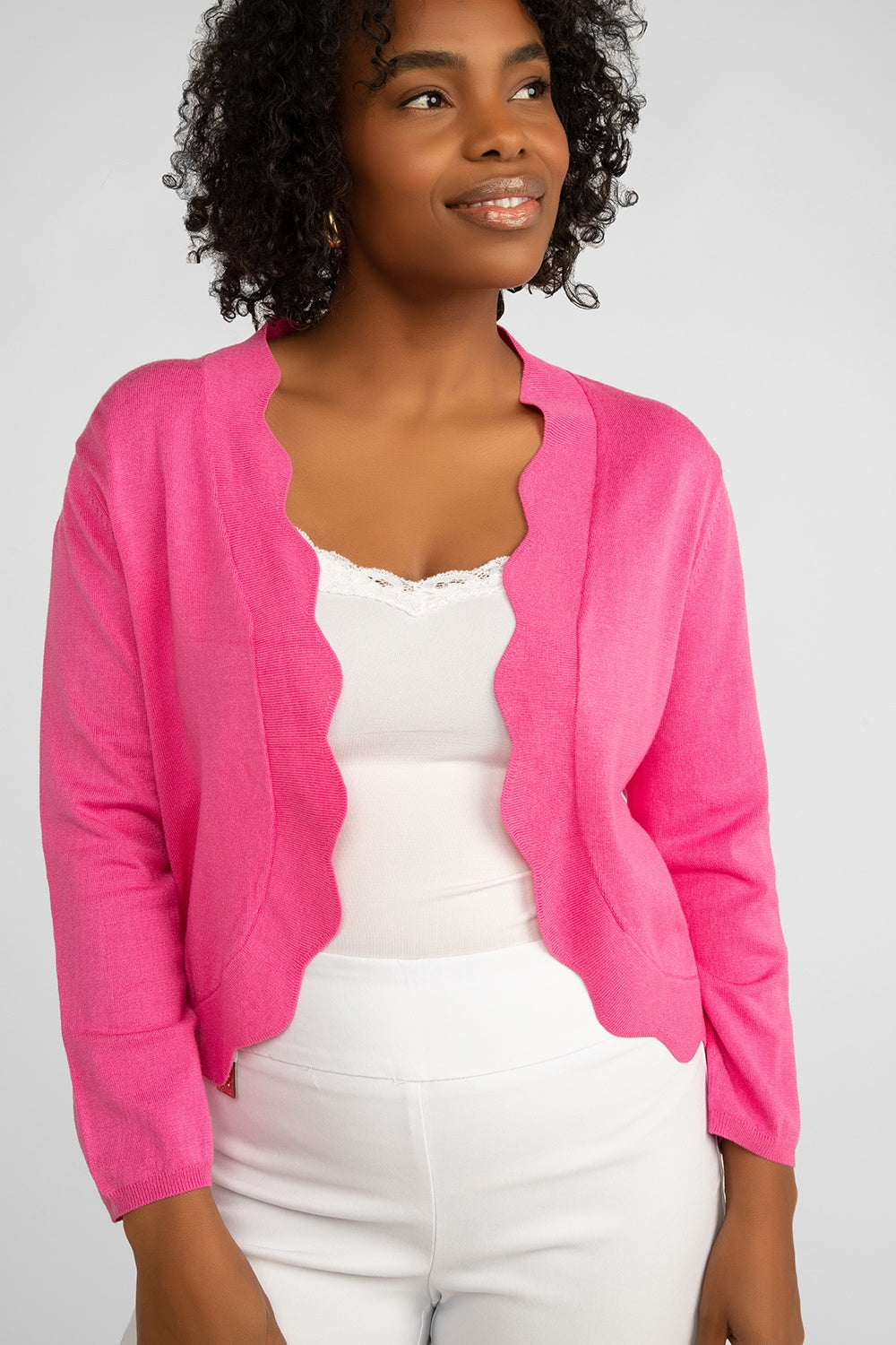 Carre Noir (6912) Women's Long Sleeve Lightweight Knit Open Front Cardigan with Scalloped Edges in Pink