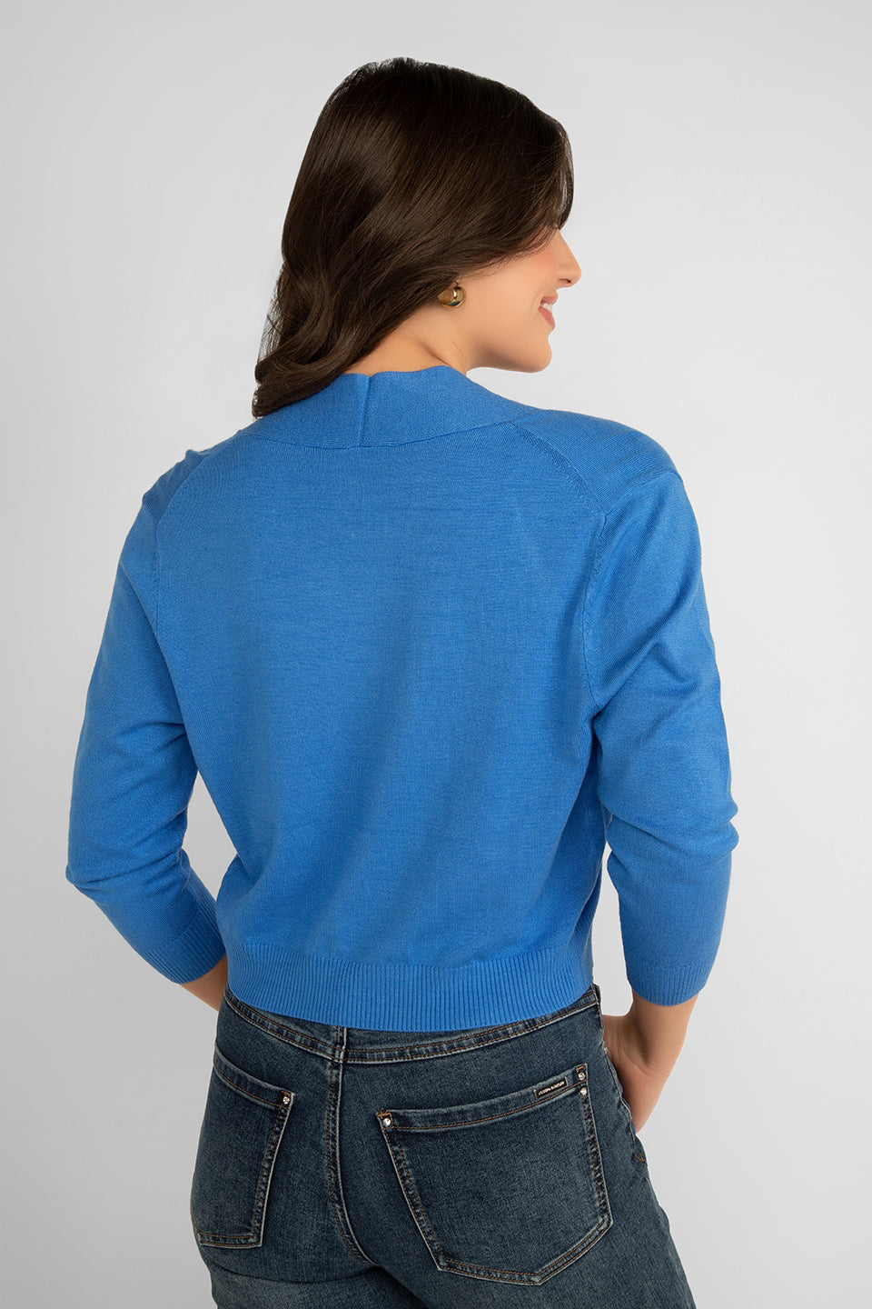 Back view of Carre Noir (6913) Women's Long Sleeve Everyday Classic Bolero in Blue