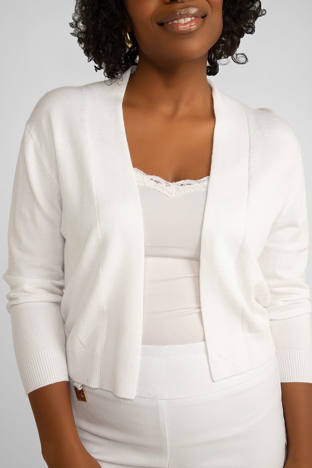 Front close up of Carre Noir (6913) Women's Long Sleeve Everyday Classic Bolero in White