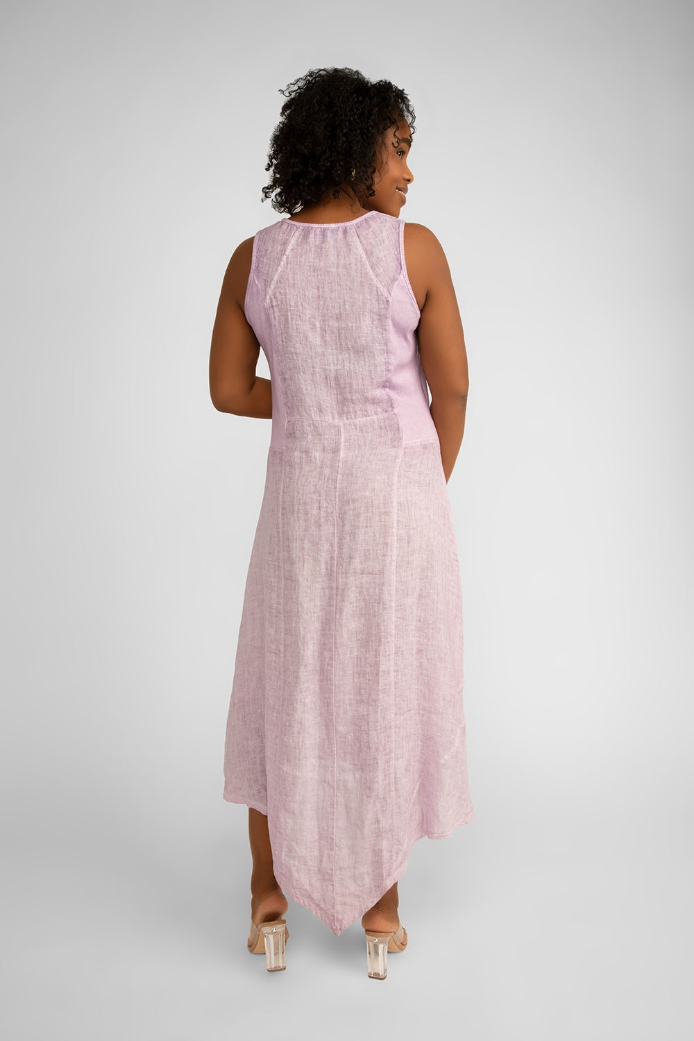 Carre Noir (6923) Women's Sleeveless Round Neck Garment Dyed Linen Midi Dress in Lavender Purple