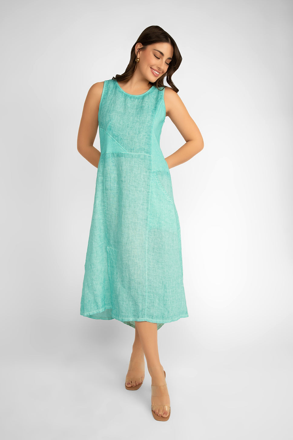 Carre Noir (6923) Women's Sleeveless Round Neck Garment Dyed Linen Midi Dress in Aqua Green