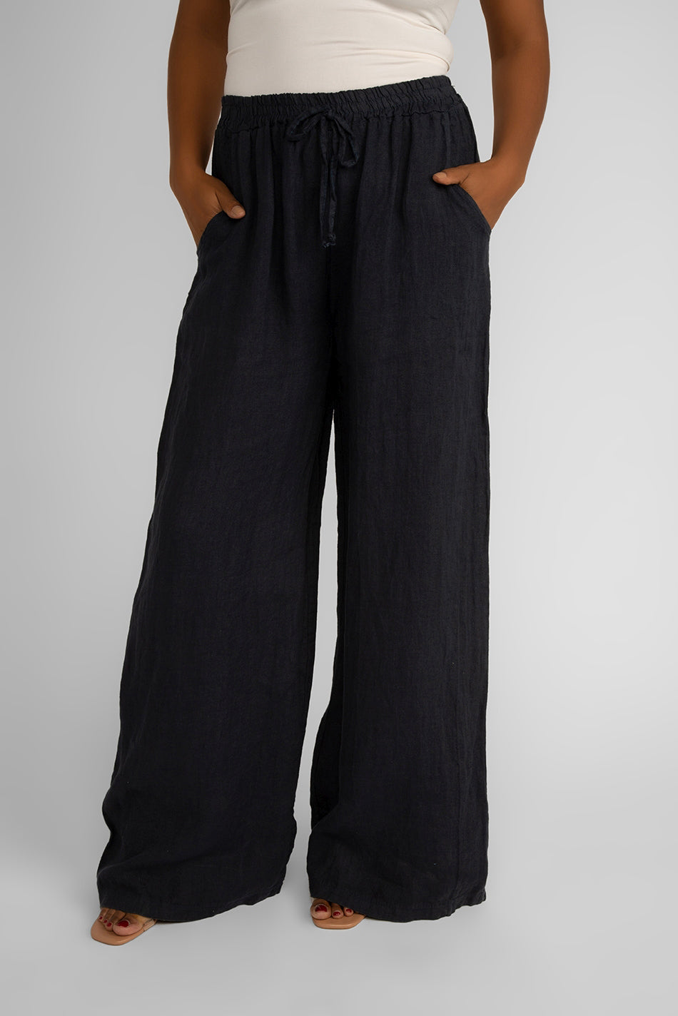 Carre Noir (6942) Women's Pull On Wide Leg Linen Pants with Pockets in Navy