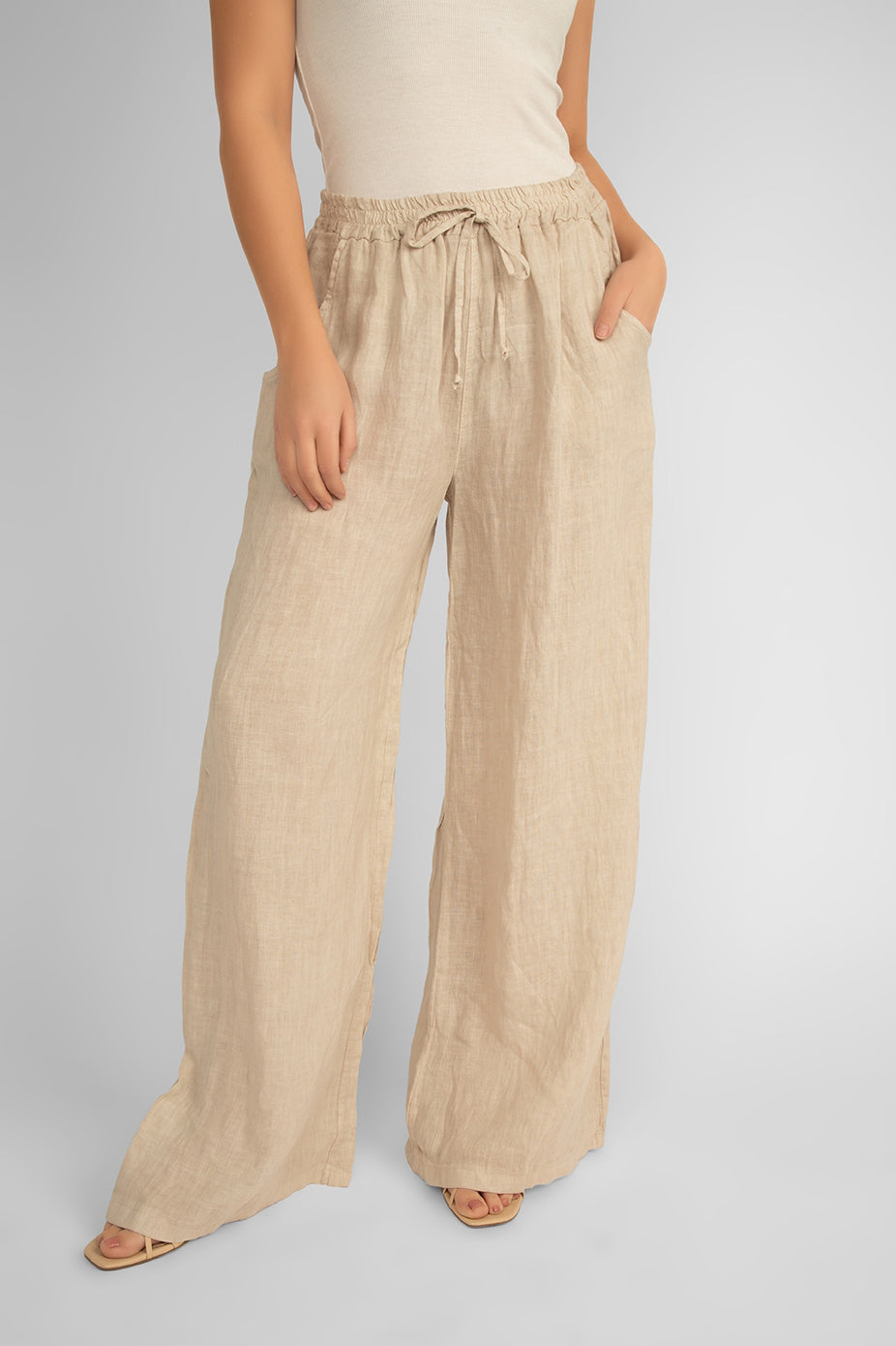 Carre Noir (6942) Women's Pull On Wide Leg Linen Pants with Pockets in Sand/Beige