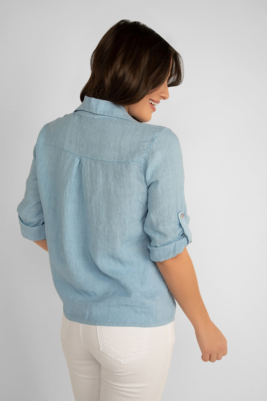 Back view of Carre Noir (6947) Women's 3/4 Sleeve Button Up Shirt with Front Tie and Shirt Collar in Light Blue 