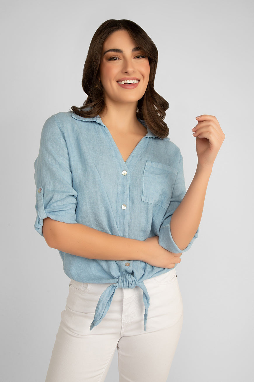 Front viewof Carre Noir (6947) Women's 3/4 Sleeve Button Up Shirt with Front Tie and Shirt Collar in Light Blue 