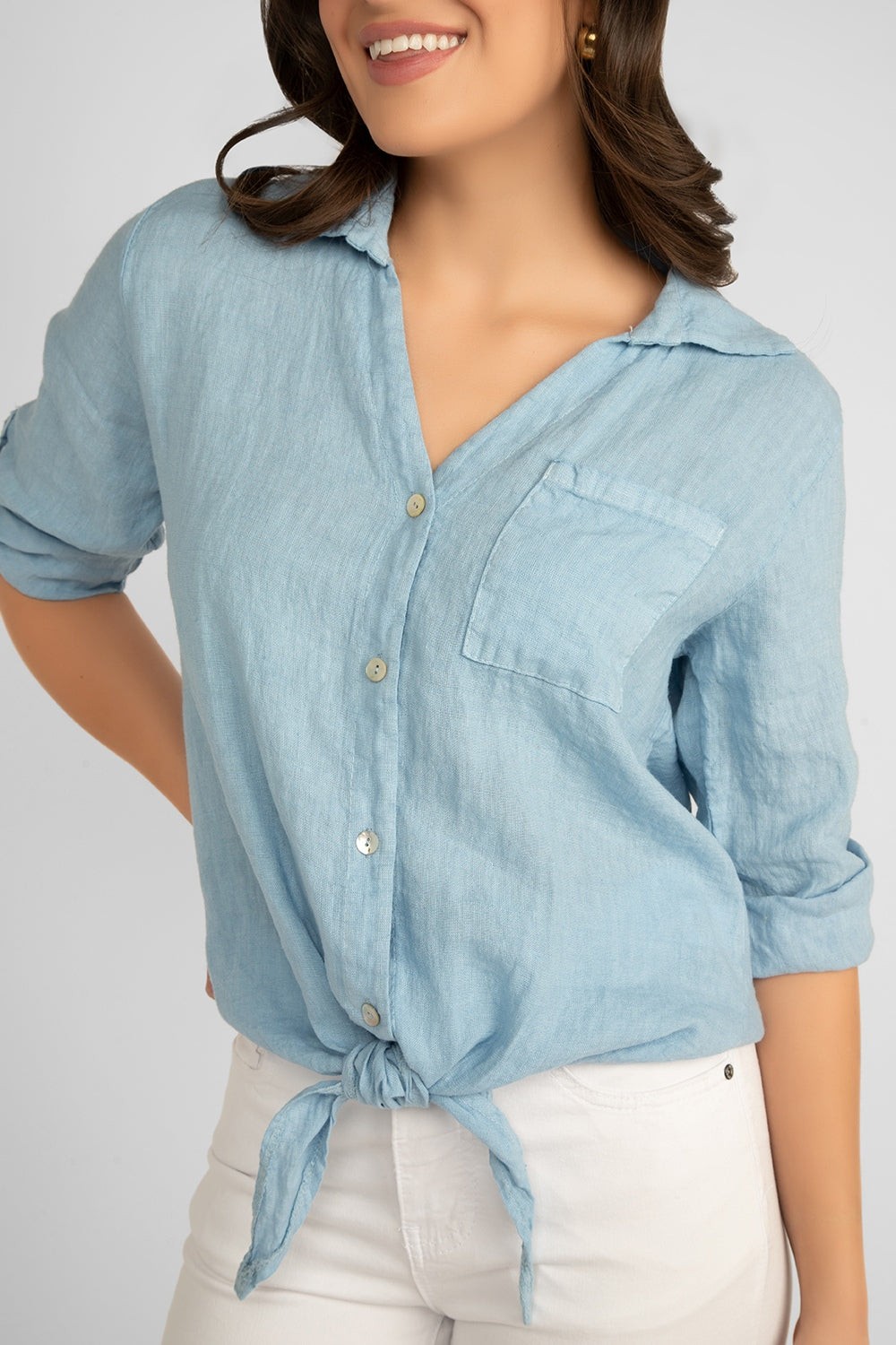 Close up front view of Carre Noir (6947) Women's 3/4 Sleeve Button Up Shirt with Front Tie and Shirt Collar in Light Blue 