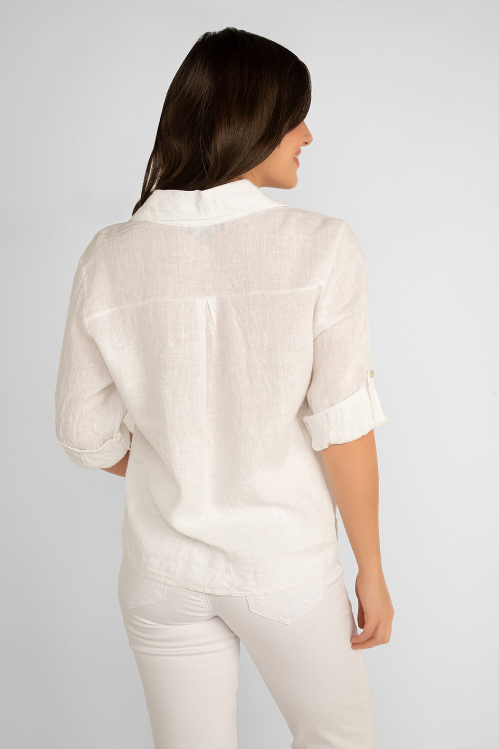 Back view of Carre Noir (6947) Women's 3/4 Sleeve Button Up Shirt with Front Tie and Shirt Collar in White