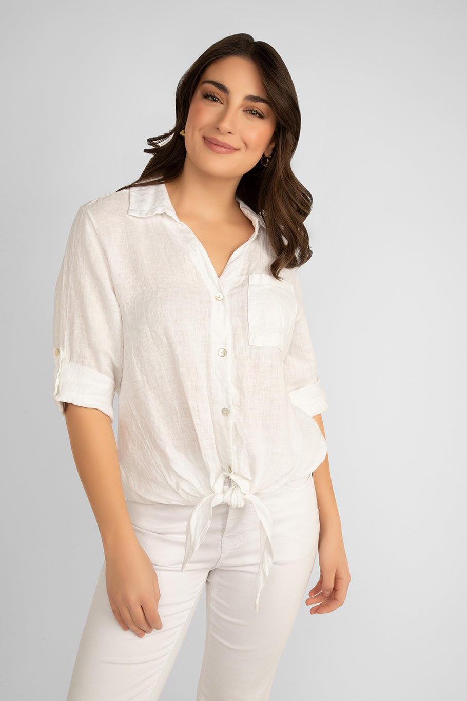 Front view of Carre Noir (6947) Women's 3/4 Sleeve Button Up Shirt with Front Tie and Shirt Collar in White