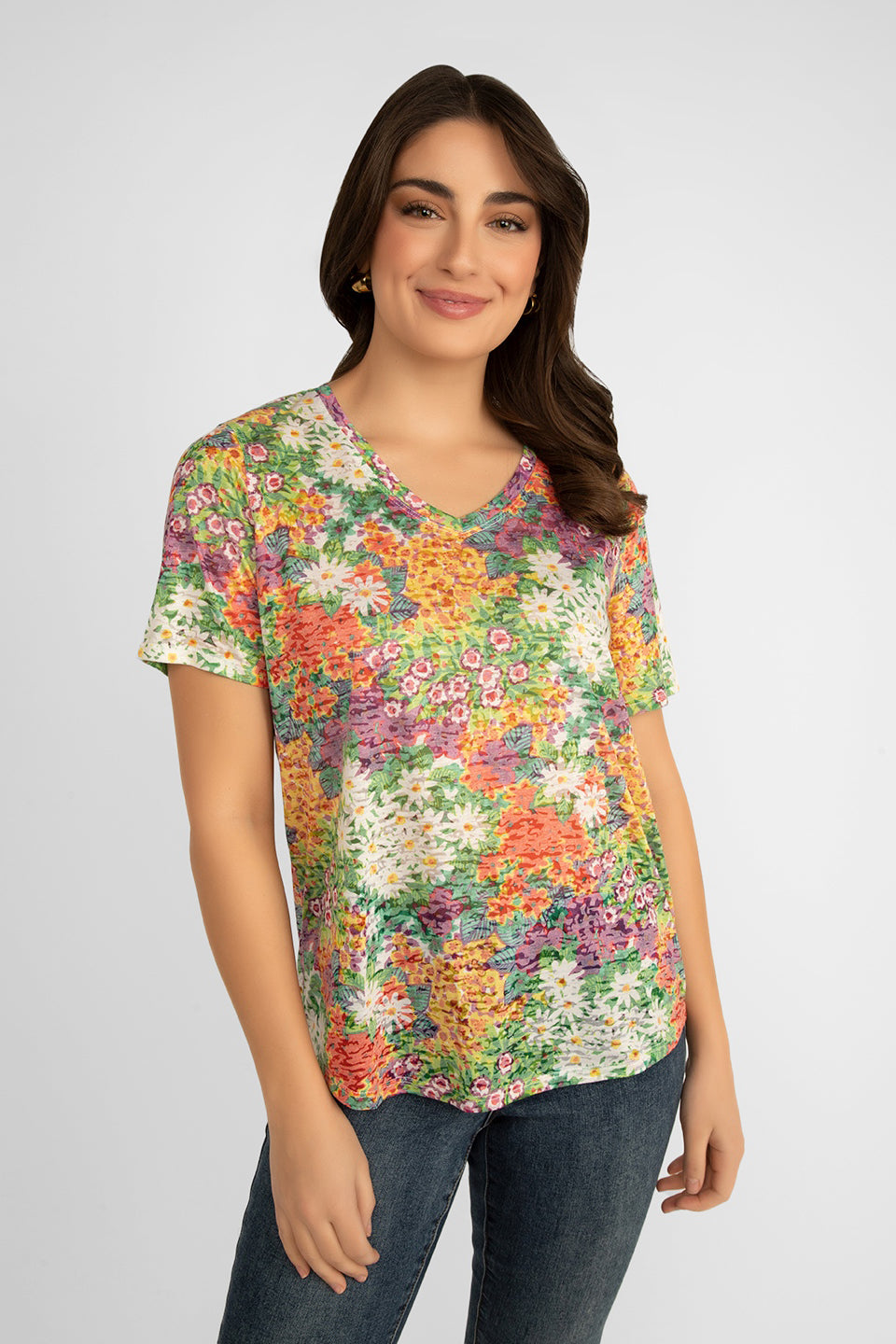 Carre Noir (6957) women's Short Sleeve V-Neck T-shirt in Multi-coloured Floral Print
