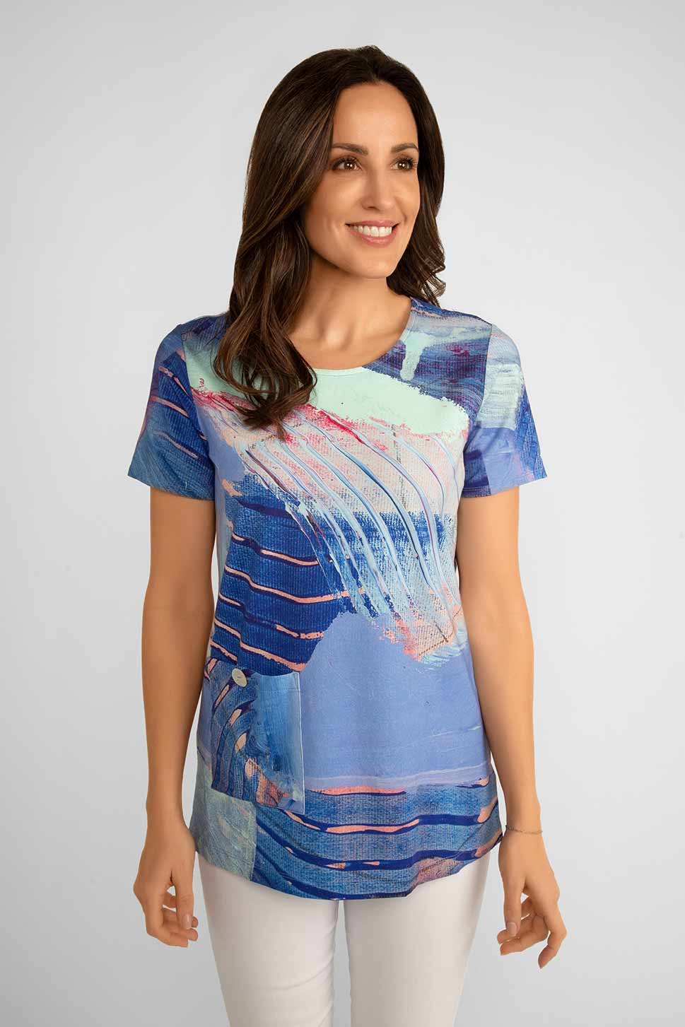 Front view of Alison Sheri (91434) Women's Short Sleeve Blue Leaf Printed T-Shirt with Front Patch Pocket in Blue Foliage print