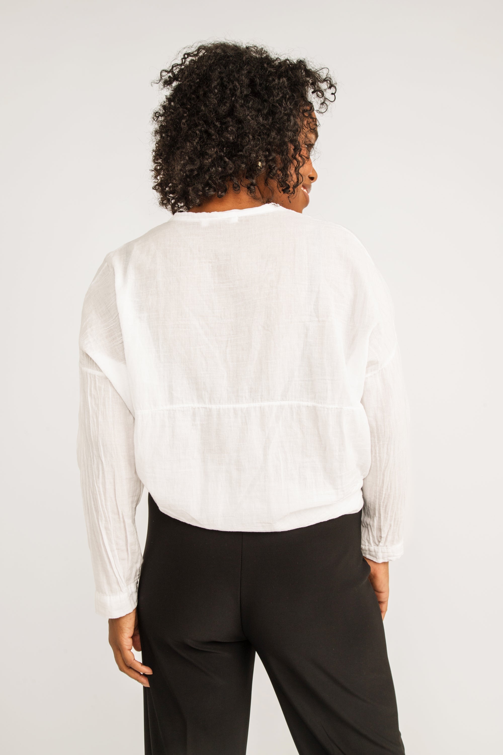 Back view of Julietta (10-A3320-M2) Women's Long Sleeve Button up Tie Front Blouse with Split V-Neck in White
