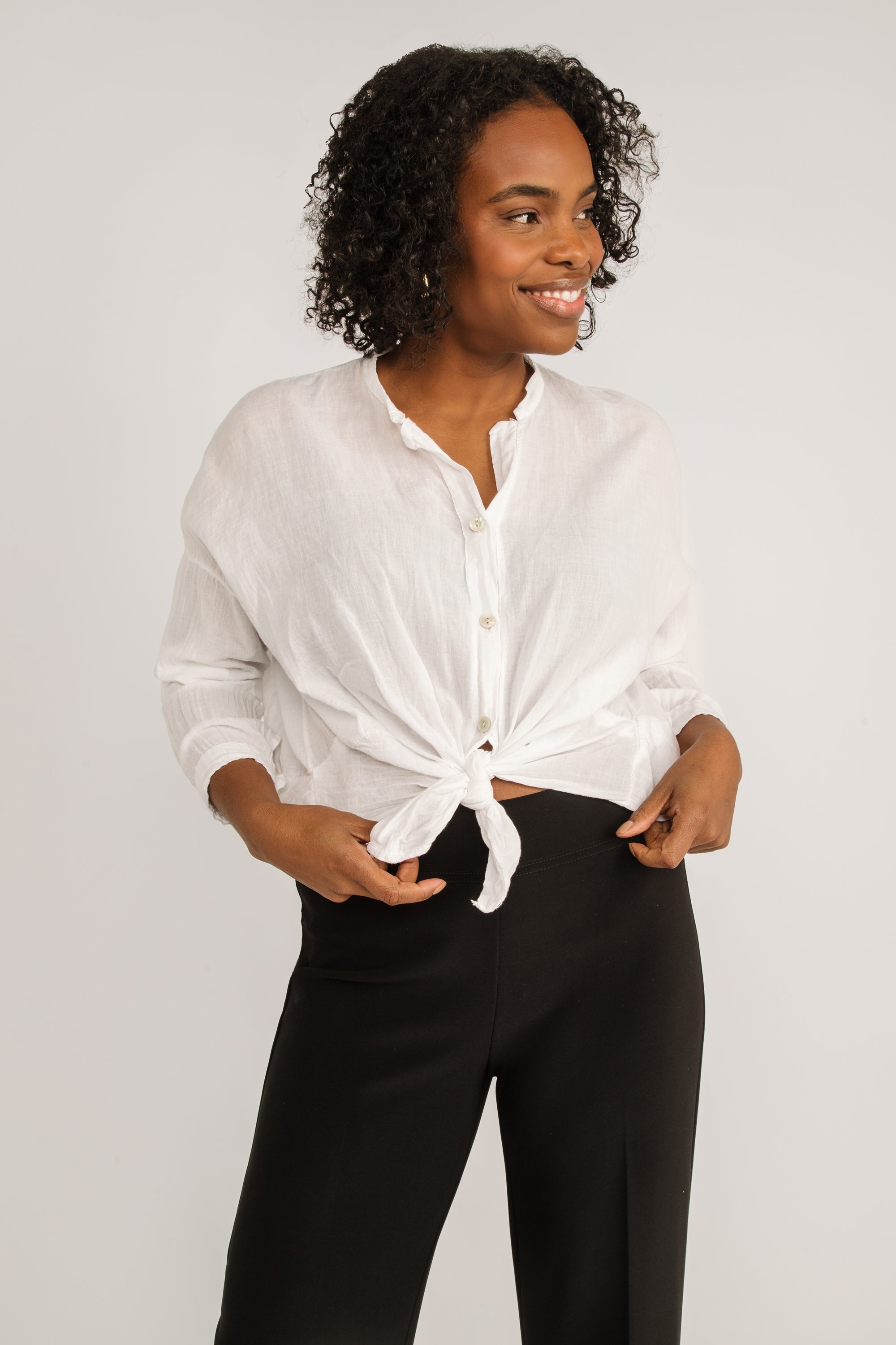 Front view of Julietta (10-A3320-M2) Women's Long Sleeve Button up Tie Front Blouse with Split V-Neck in White