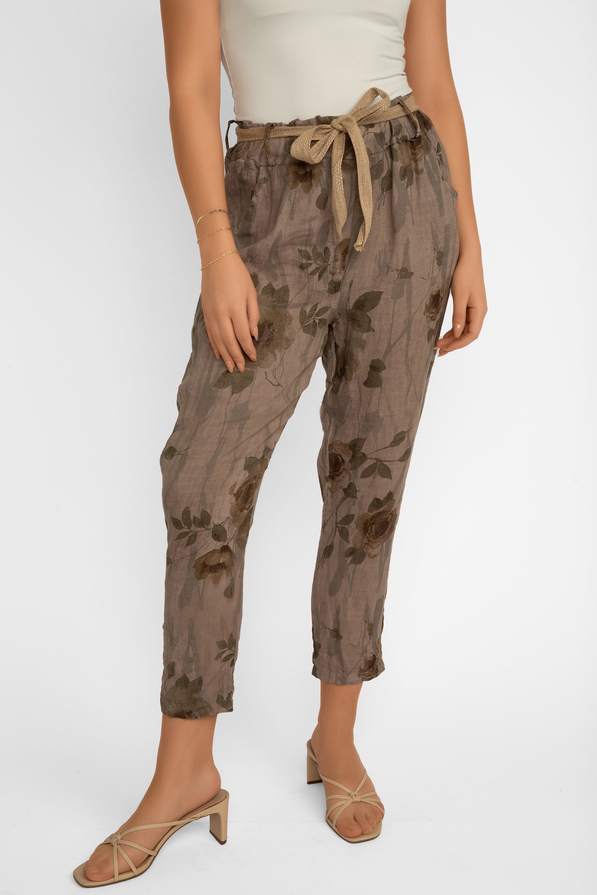 Elissia (CM20847) Women's Slim Fit Cropped Floral Print Linen Pants With Belt in Brown