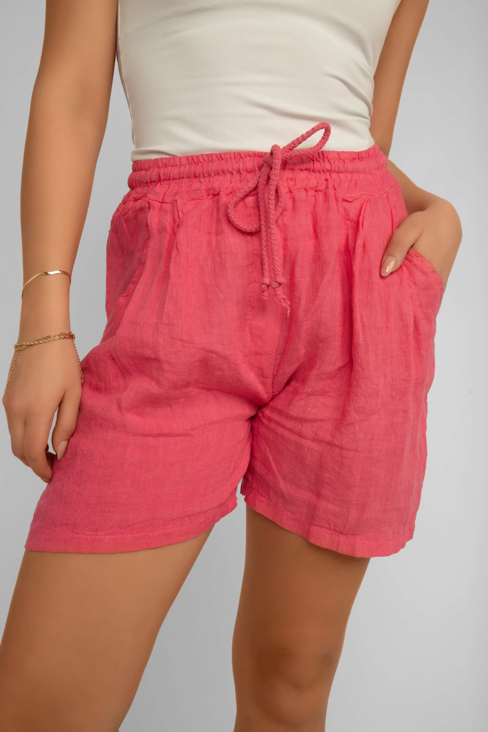 Elissia (CM21115) Women's Pull-on Linen Shorts with Pockets in Pink