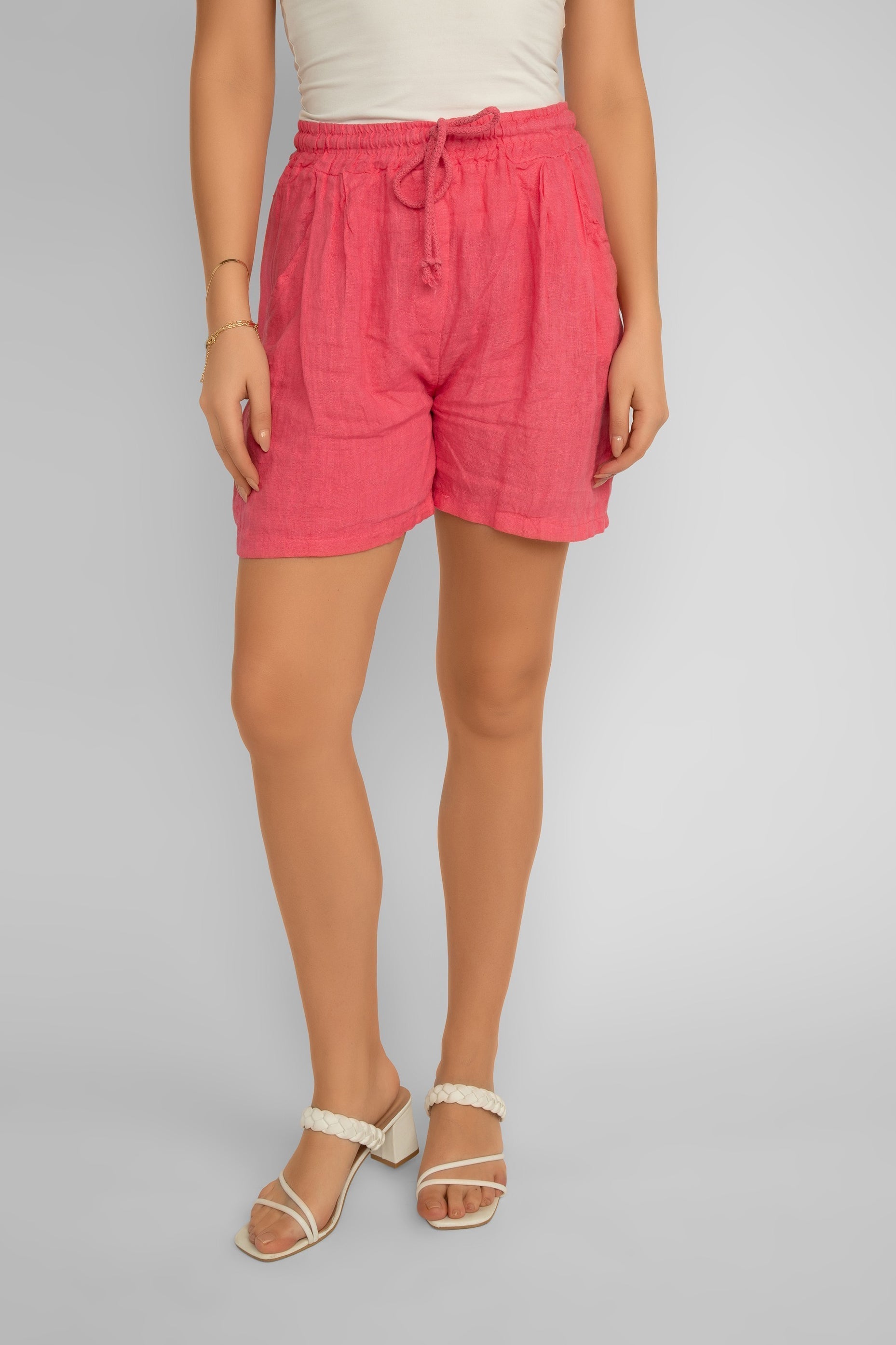 Elissia (CM21115) Women's Pull-on Linen Shorts with Pockets in Pink