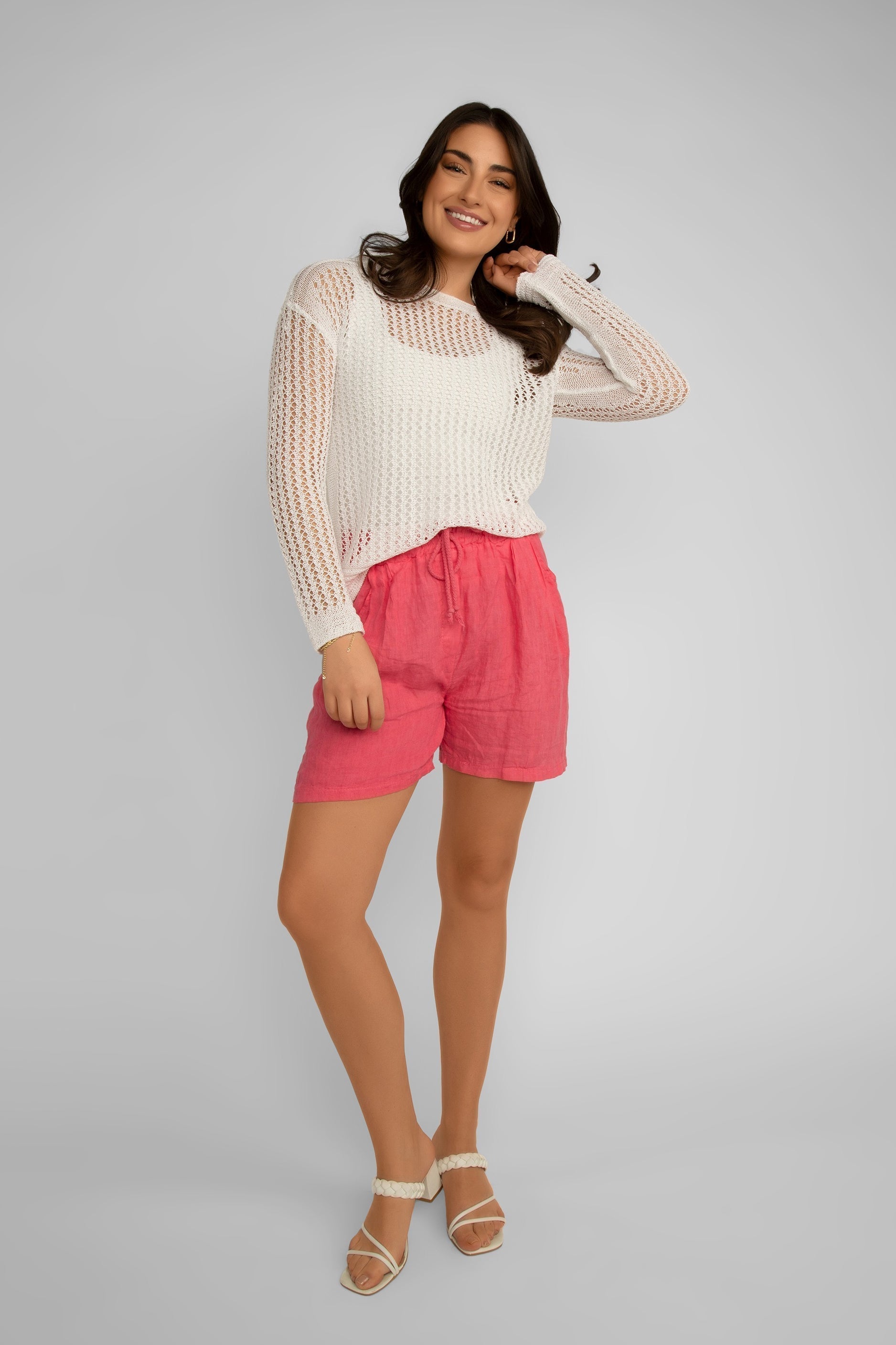 Elissia (CM21115) Women's Pull-on Linen Shorts with Pockets in Pink