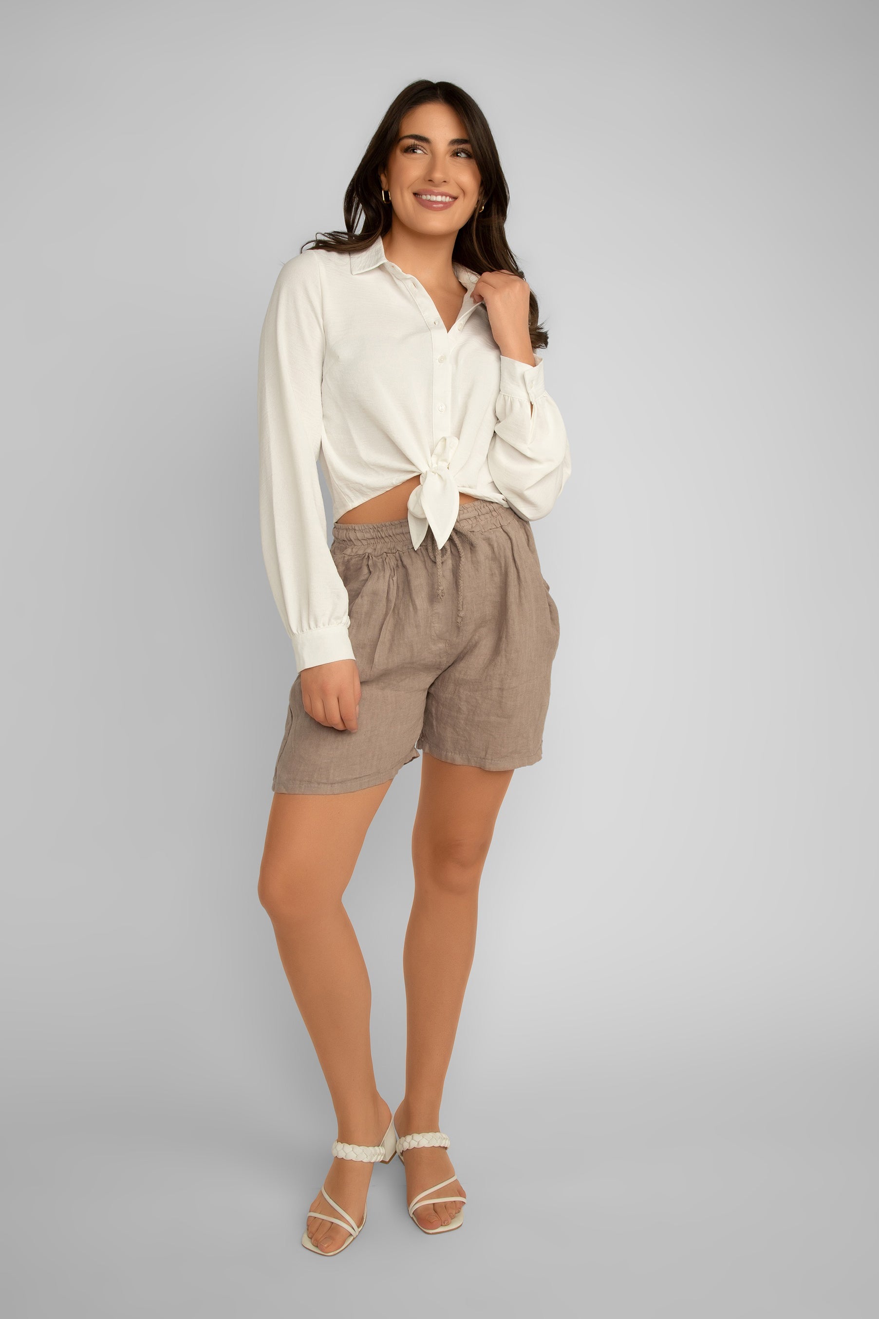 Elissia (CM21115) Women's Pull-on Linen Shorts with Pockets in Taupe