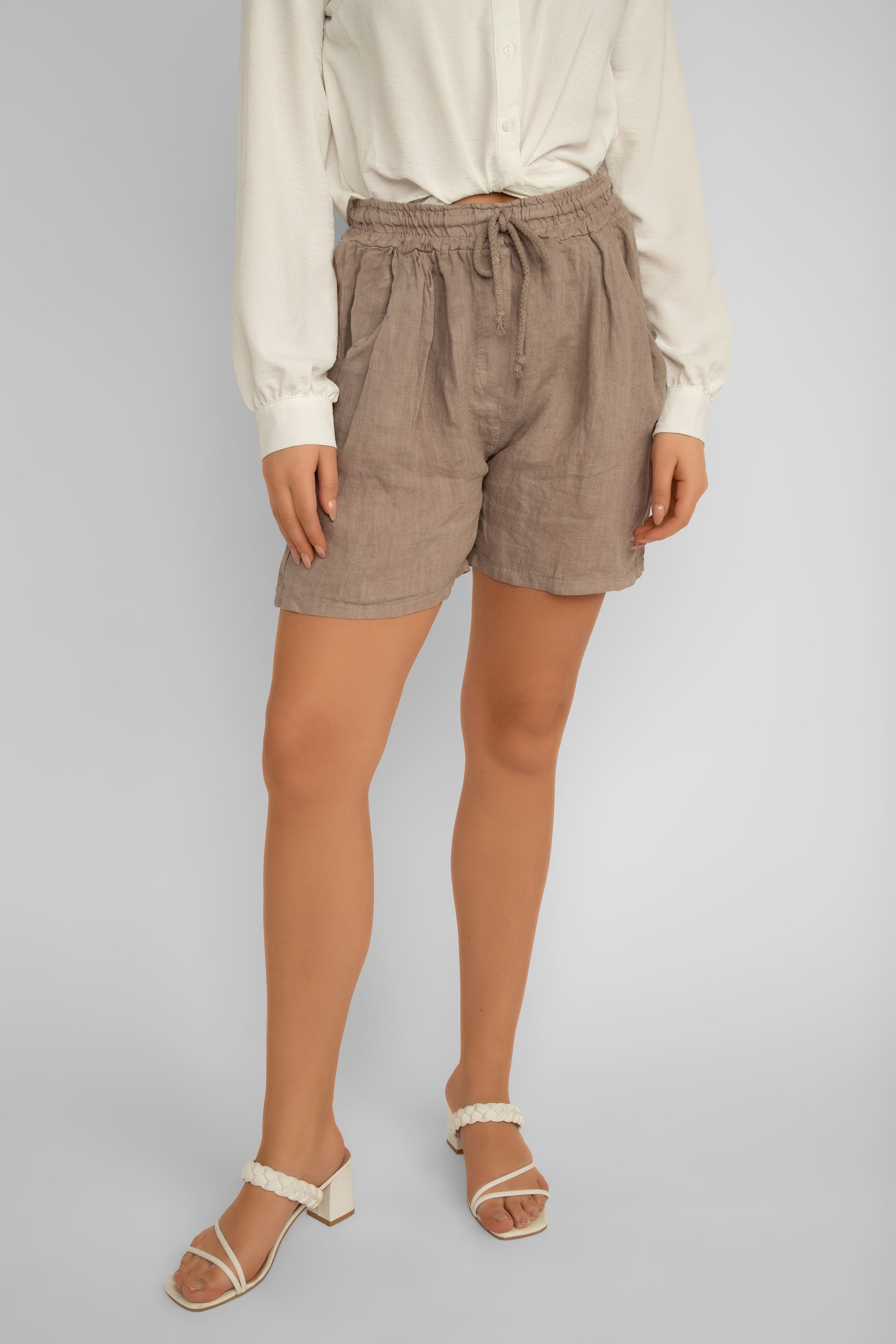 Elissia (CM21115) Women's Pull-on Linen Shorts with Pockets in Taupe