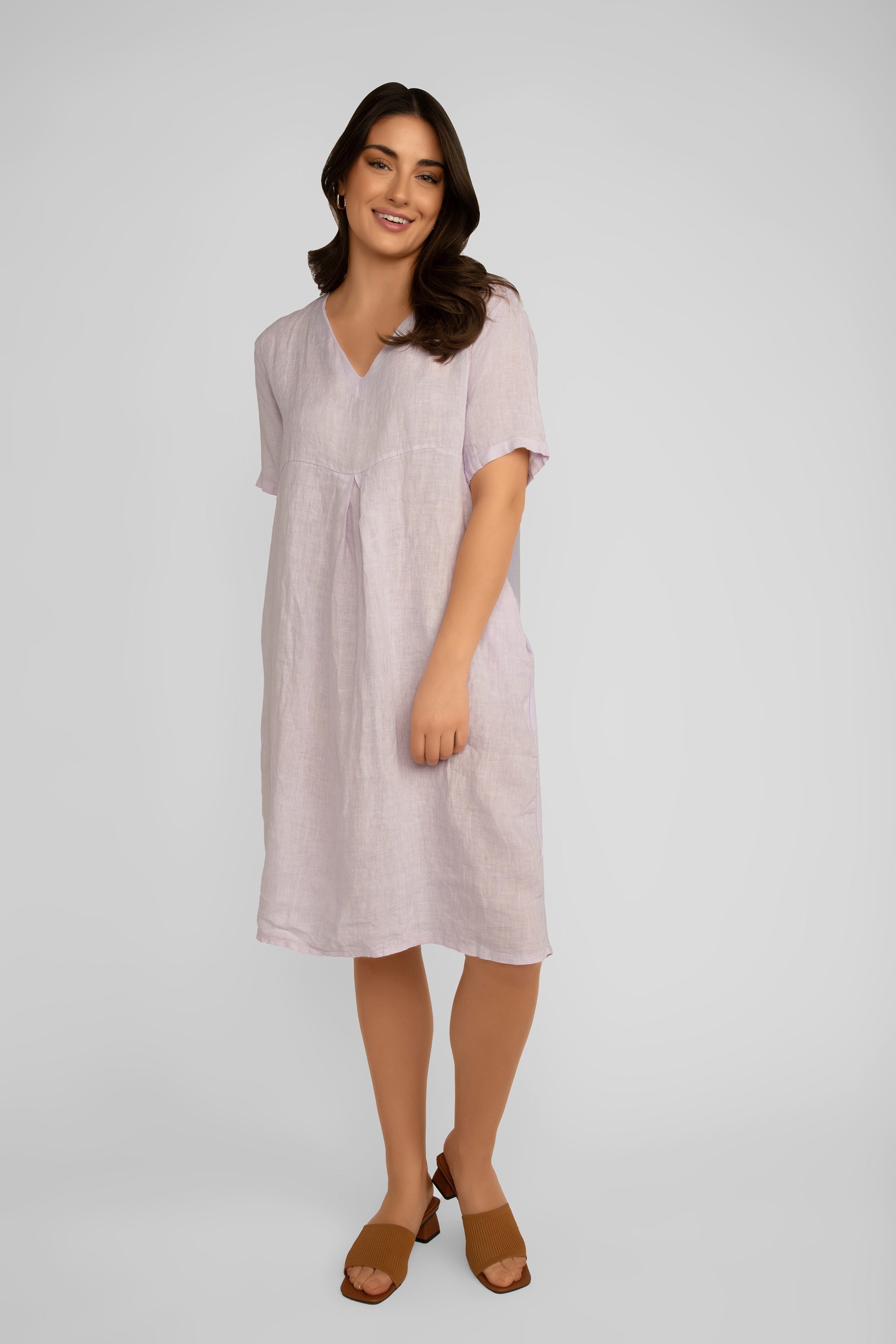 Front view of Elissia (CM60980) Women's Knee Length Short Sleeve Linen Blend High Waisted Dress in Light Purple