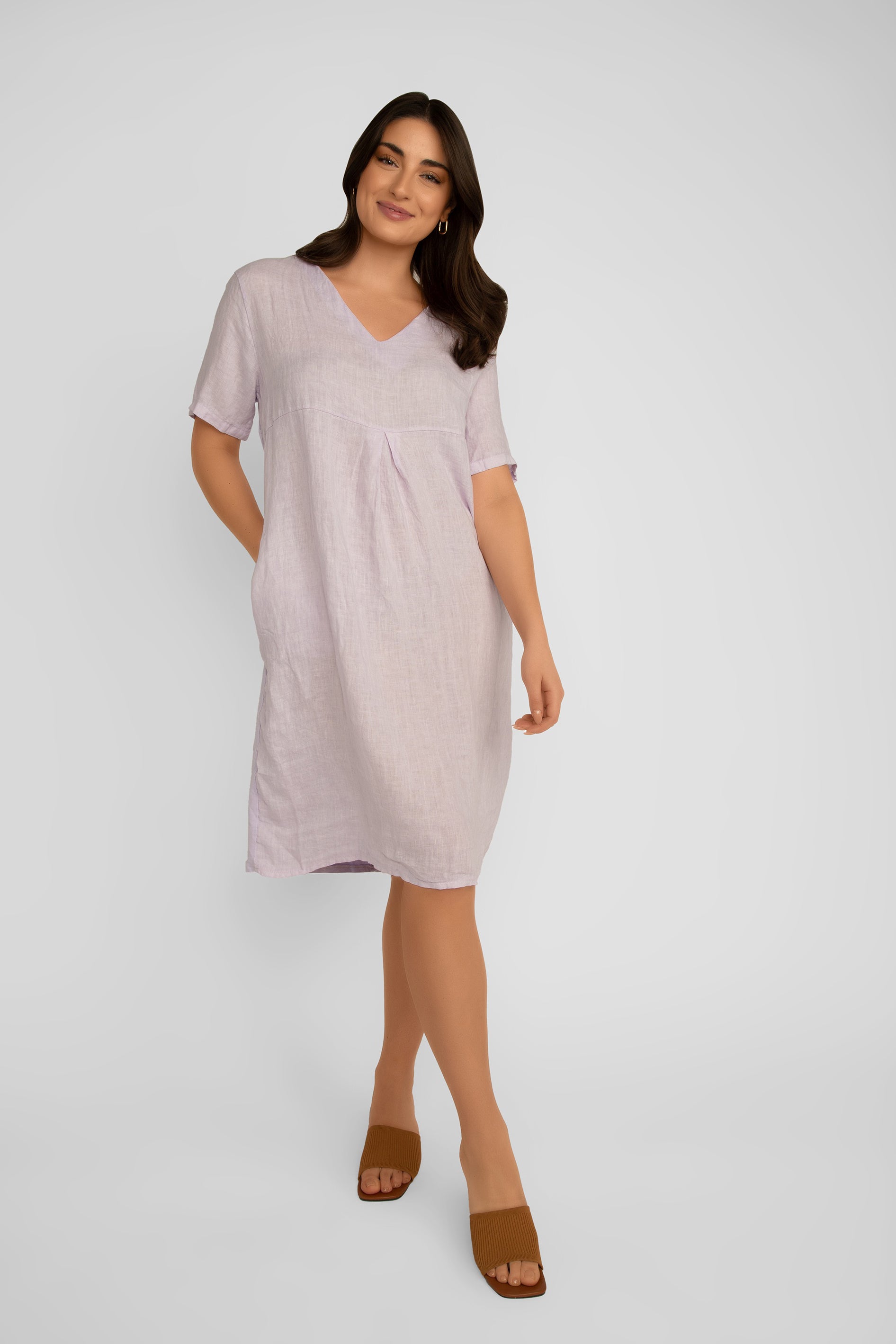 Front view of Elissia (CM60980) Women's Knee Length Short Sleeve Linen Blend High Waisted Dress in Light Purple